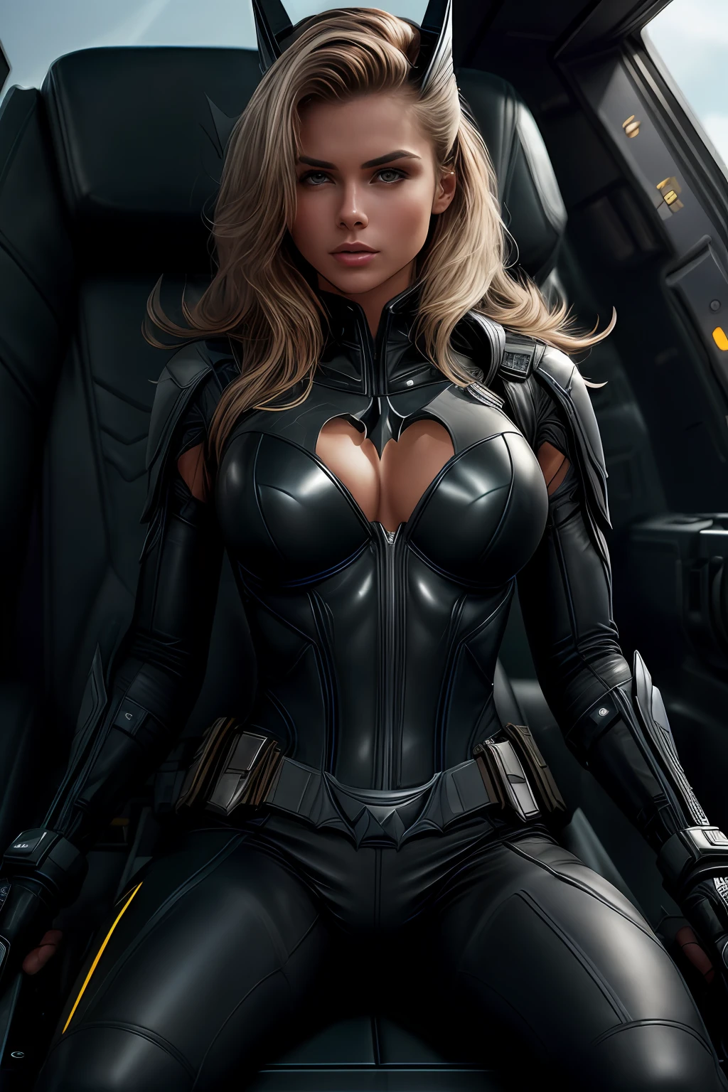 (Extremely detailed 8k wallpaper), bat girl sitting in a futuristic fighter jet cockpit, black futuristic fighter jet cockpit, sitting in black leather pilot seat, sitting in leather seat in cockpit, futuristic fighter jet cockpit:1.3, batgirl:1.2, confident, many switches and lights, long hair, bra, sexy top, short top:1.2, calm, modern futuristic clothing, complex, highly detailed, and dramatic, cinematic lighting, bright scene, soft lights, large breasts:1.4, nsfw:1.4, fit girl, lean girl, dark gray tight leather clothes, cleavage, batman logo:1.4