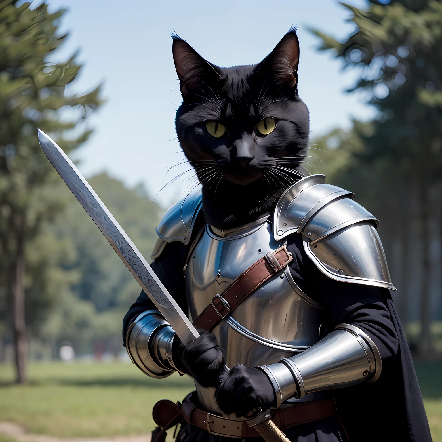 A black knight cat, holding a sword, wearing black armor