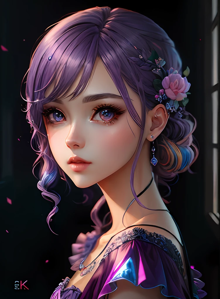 ((top-quality)), ((masterpiece)), ((realisitic)), (detaileds),anime styled、 (1人の女性)Close up portrait of a woman with purple hair、Beautiful shining eyes, Like crystal clear glass、Casual clothing、4K high-definition digital art、stunning digital illustration、Stunning 8K artwork、colorfull digital fantasy art、Colorful and bright、beautiful digital works of art、Colorful Digital Painting、digital anime art、Portrait of beautiful woman、8K HD Digital Wallpaper Art、 Gorgeous Digital Painting