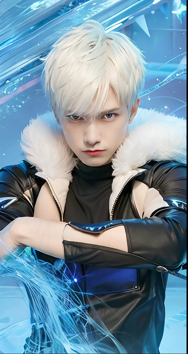 1boy,men face, handsome, serious,angry face, short hair, spike hair,black and blue clothes, muscles body, realistic, more details, 70 mm lens