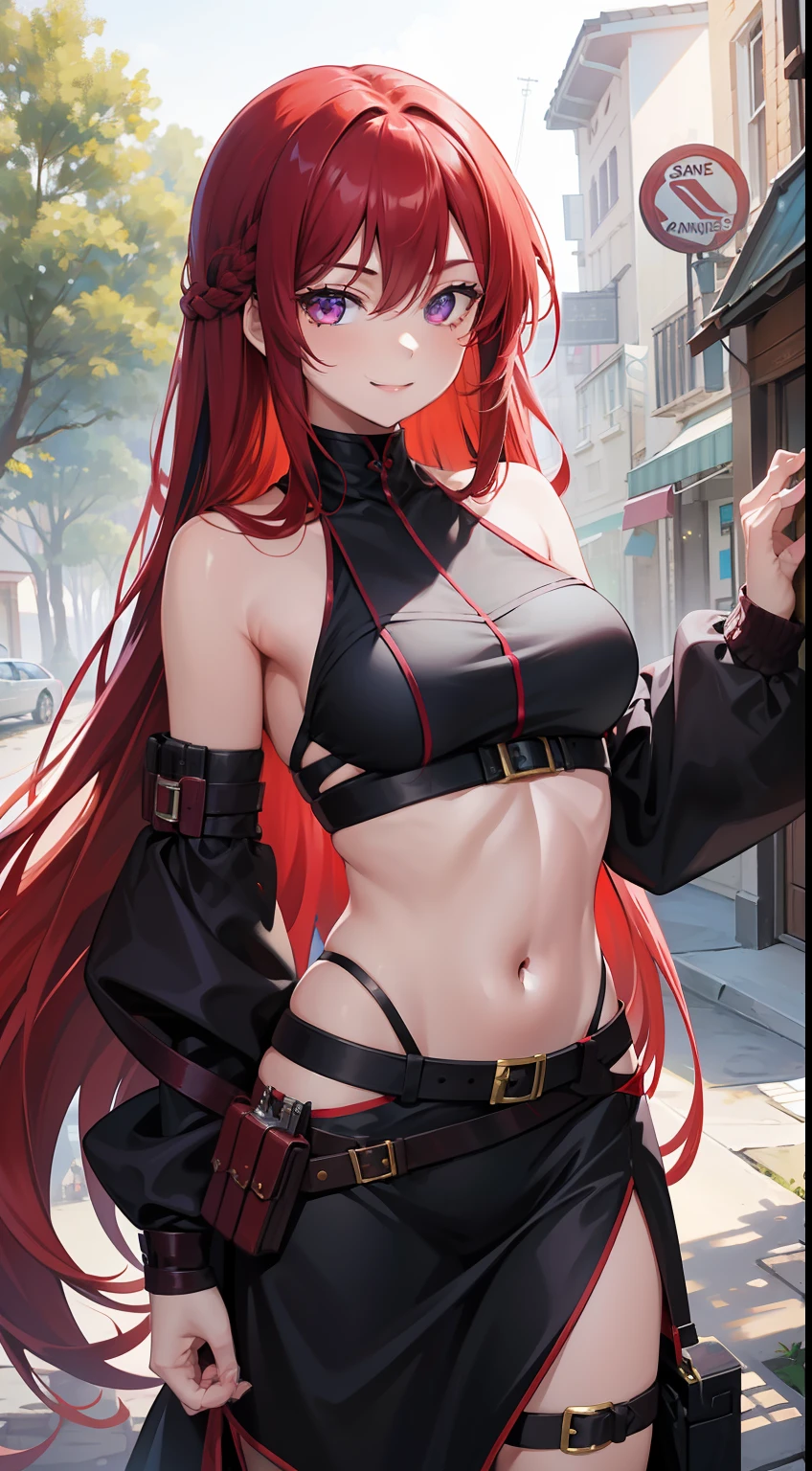 young girl, suntanned skin, Long red hair, violet eyes, open torso, Assassin's Clothes, Smile, Masterpiece, hiquality