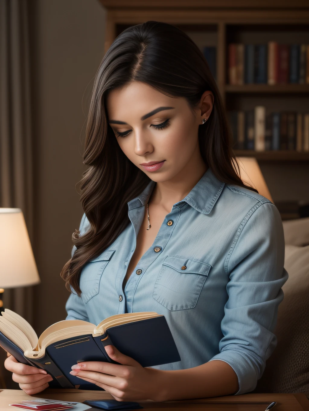 An image of a beautiful flawless woman reading a financial book, highly detailed, elegant, DSLR, canon, pinterest, artstation, smooth, sharp focus, 8k,full shot, 105mm portrait lens , Blue lighting
