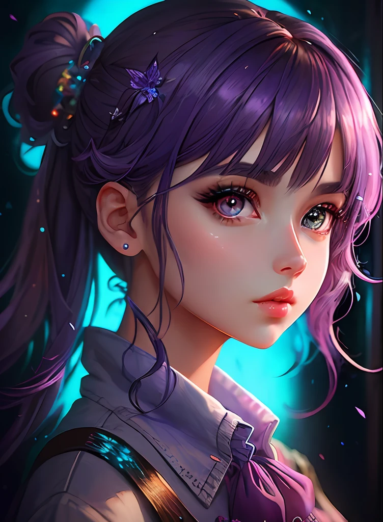 ((top-quality)), ((masterpiece)), ((realisitic)), (detaileds),anime styled、 (1人の女性)Close up portrait of a woman with purple hair、Beautiful shining eyes, Like crystal clear glass、Casual clothing、4K high-definition digital art、stunning digital illustration、Stunning 8K artwork、colorfull digital fantasy art、Colorful and bright、beautiful digital works of art、Colorful Digital Painting、digital anime art、Portrait of beautiful woman、8K HD Digital Wallpaper Art、 Gorgeous Digital Painting