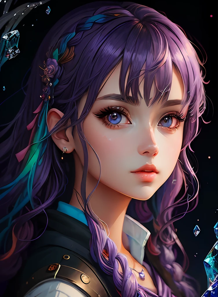 ((top-quality)), ((​masterpiece)), ((realisitic)), (detaileds),anime styled、 (1人の女性)Close up portrait of a woman with purple hair、Beautiful shining eyes, Like crystal clear glass、Casual clothing、4K high-definition digital art、stunning digital illustration、Stunning 8K artwork、colorfull digital fantasy art、Colorful and bright、beautiful digital works of art、Colorful Digital Painting、digital anime art、Portrait of beautiful woman、8K HD Digital Wallpaper Art、 Gorgeous Digital Painting