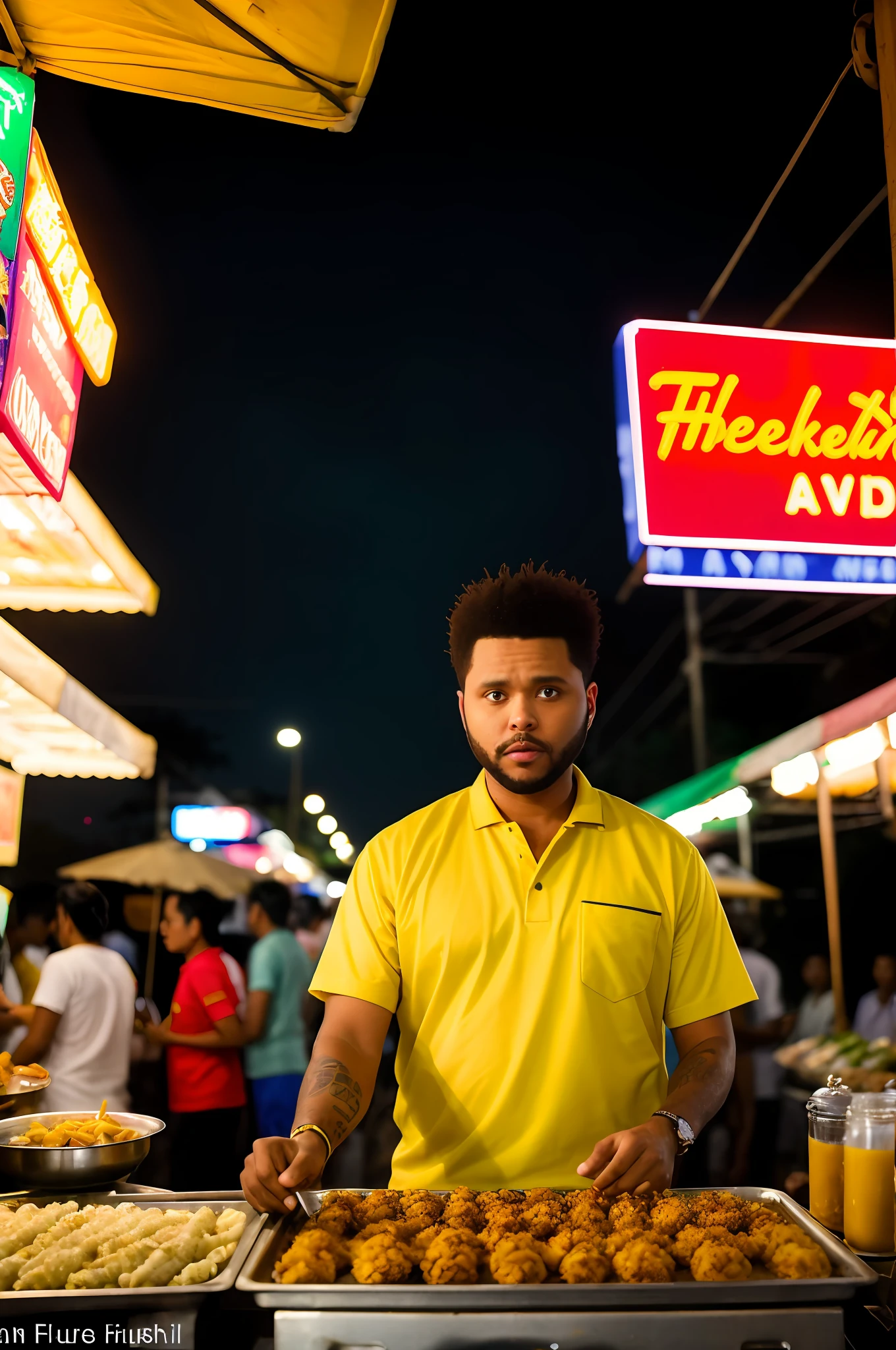 "Hyper-realistic depiction of theweeknd selling street food at a vibrant night market in Cambodia. Shot with a Fujifilm XT3 camera using a 35mm lens at f/1.8 aperture. The scene is filled with vivid colors, capturing the essence of the bustling atmosphere. Output aspect ratio is set to 16:9."