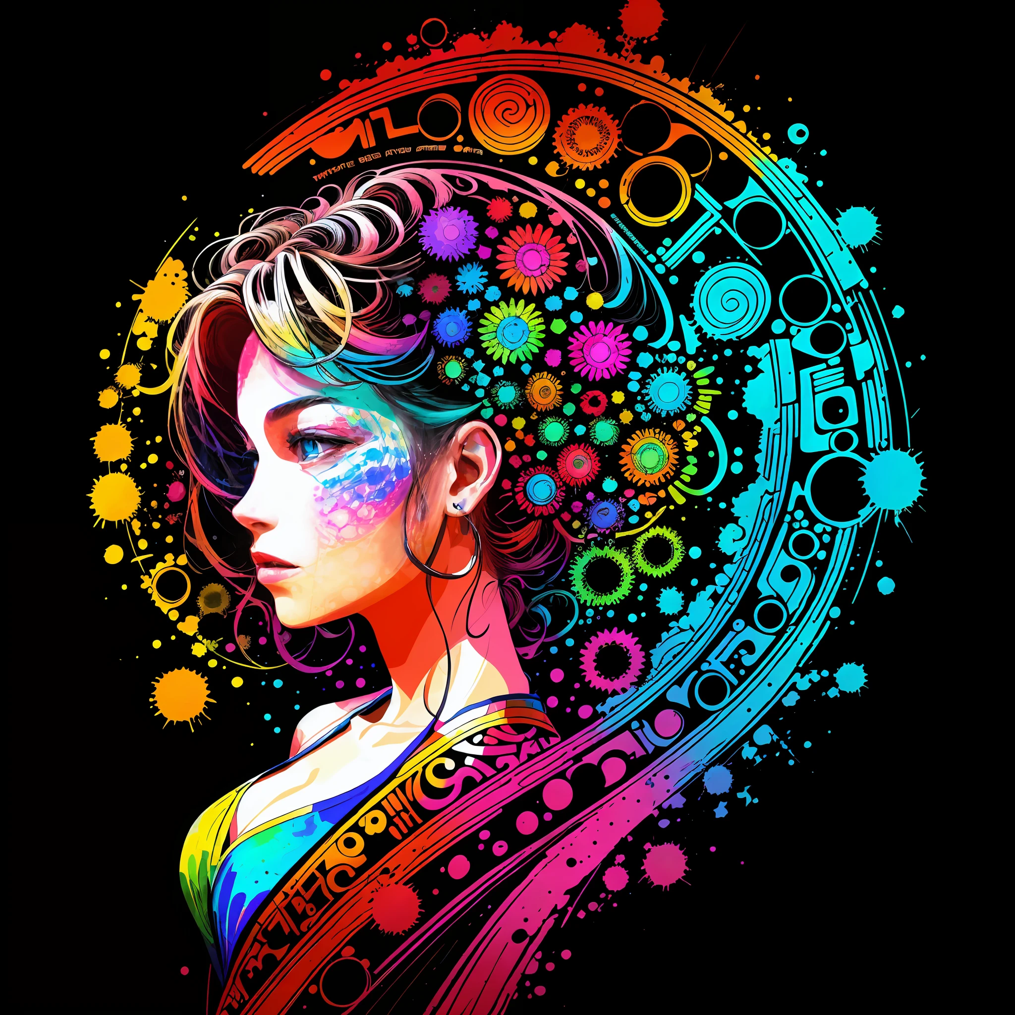 in the style of 0mib,T-shirt design,Side portrait of a bikini girl,Colorful,Prismatic fragments,Doodle lines,Reflect fractal circles,ink spatter,Melted brushstrokes,particles vortex,dramatic lighting,high high quality, Beautiful,tmasterpiece