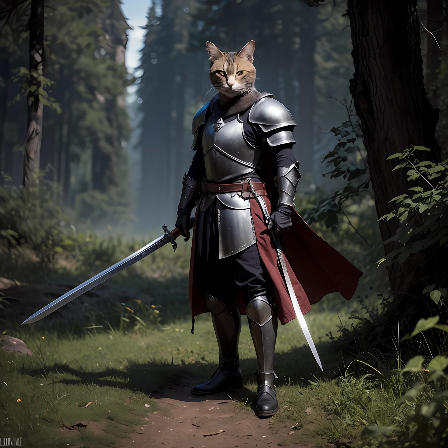 A black knight cat, holding a sword, wearing black armor