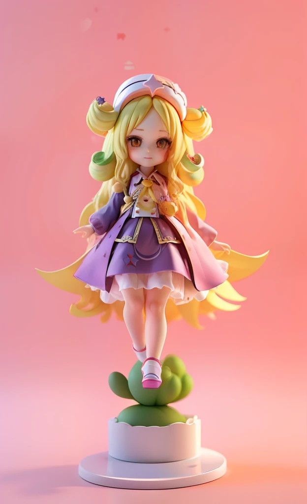 3D model rendering。Trend blind box number,Loli Girl,adolable,long whitr hair,Yellow eyes,long skirt,Libra,Balance the décor,Star decoration,red necktie,wearing hat,curlies,purple tint,Purple colored hair,Star hair ornaments,Hands on both sides