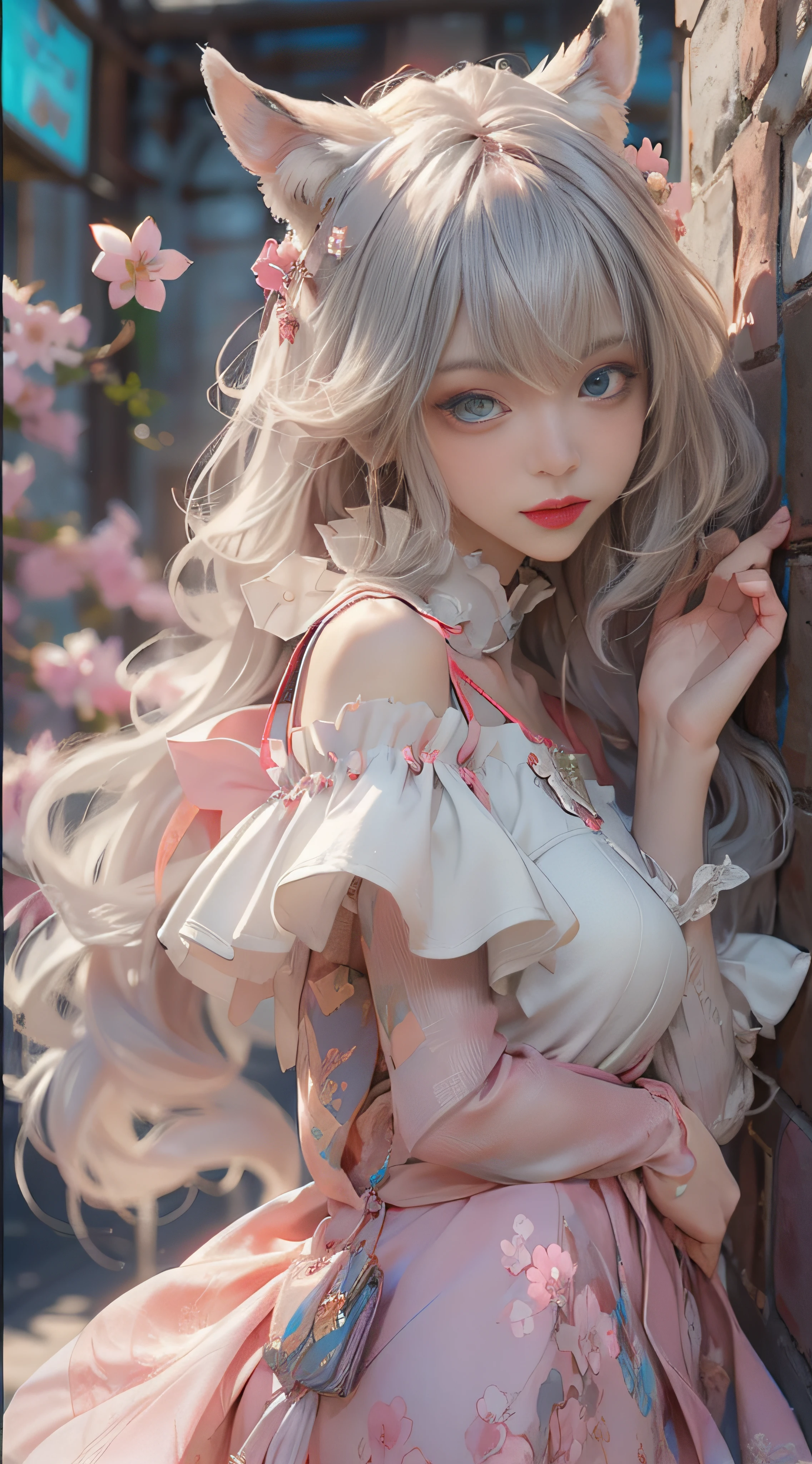 ((best qualtiy)), ((tmasterpiece)), (detail:1.4), Beautiful cyberpunk female images,hdr(HighDynamicRange),Ray traching,NVIDIA RTX,Hyper-Resolution,illusory 5,sub surface scattering,PBR textures,post-proces,Anisotropy Filtering,depth of fields,maximum definition and sharpness,Many-Layer Textures,Albedo e mapas Speculares,Surface coloring,Mitsu-Accurate simulation of material interactions,perfectly proportioned,rendering by octane,Two-colored light,largeaperture,Low ISO,White balance,Rule three points、8K raw data、Beautiful bright blue pupils,off-the-shoulder clothes,Fine pupils,Delicate face and eyes,long eyelasher,Blushlush,Delicate and fluffy hair,pink lip,Pure,Cute face,Sweet girl,Artistic sense,Casual wear,Advancedsense,butterflys,Cherry blossom petal,Beautiful hair accessories,Long hair and waist,Hair fluttering in the wind,Snow-white fox ears,curlies,Snow-white fluffy tail,Positive light,The light from the back window is backlighted