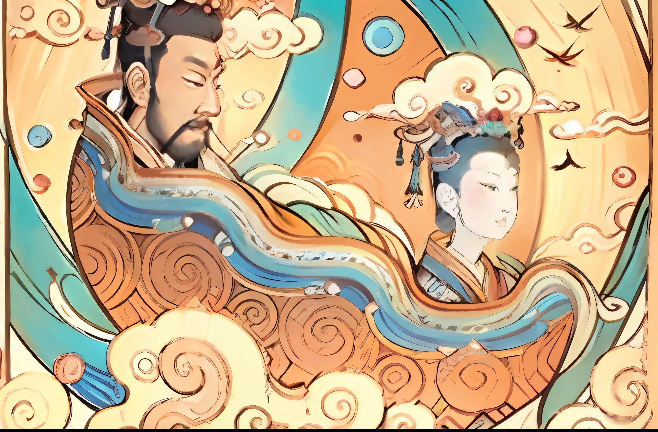 An ancient Chinese painting，Dunhuang murals，Chinese Ancient Times，Patterns on the wall，Fairy Flying，Ancient Chinese background，mountain ranges，rios，Auspicious clouds，Pavilions，rays of sunshine，（Psychedelic details），（Cogumelos），（rainbowing），（psychedelia），（twoddle），（bodhisattva），intricately details，higher details，high detal，tmasterpiece，super detailing，Epic composition，hyper HD，high qulity，extremely detaile，offcial art，Unity8k wallpapers，super detailing，32k - v 6