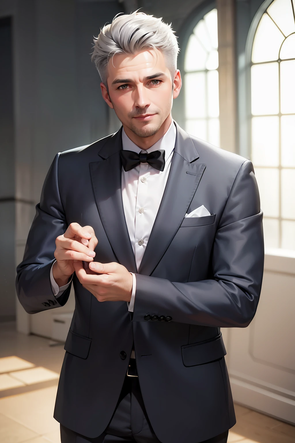 （（hyper HD，tmasterpiece，best qualtiy）），malefocus，A handsome middle-aged man，Short, neatly combed gray hair，Fit and fit，Wear a stylish gray suit，With a smile。