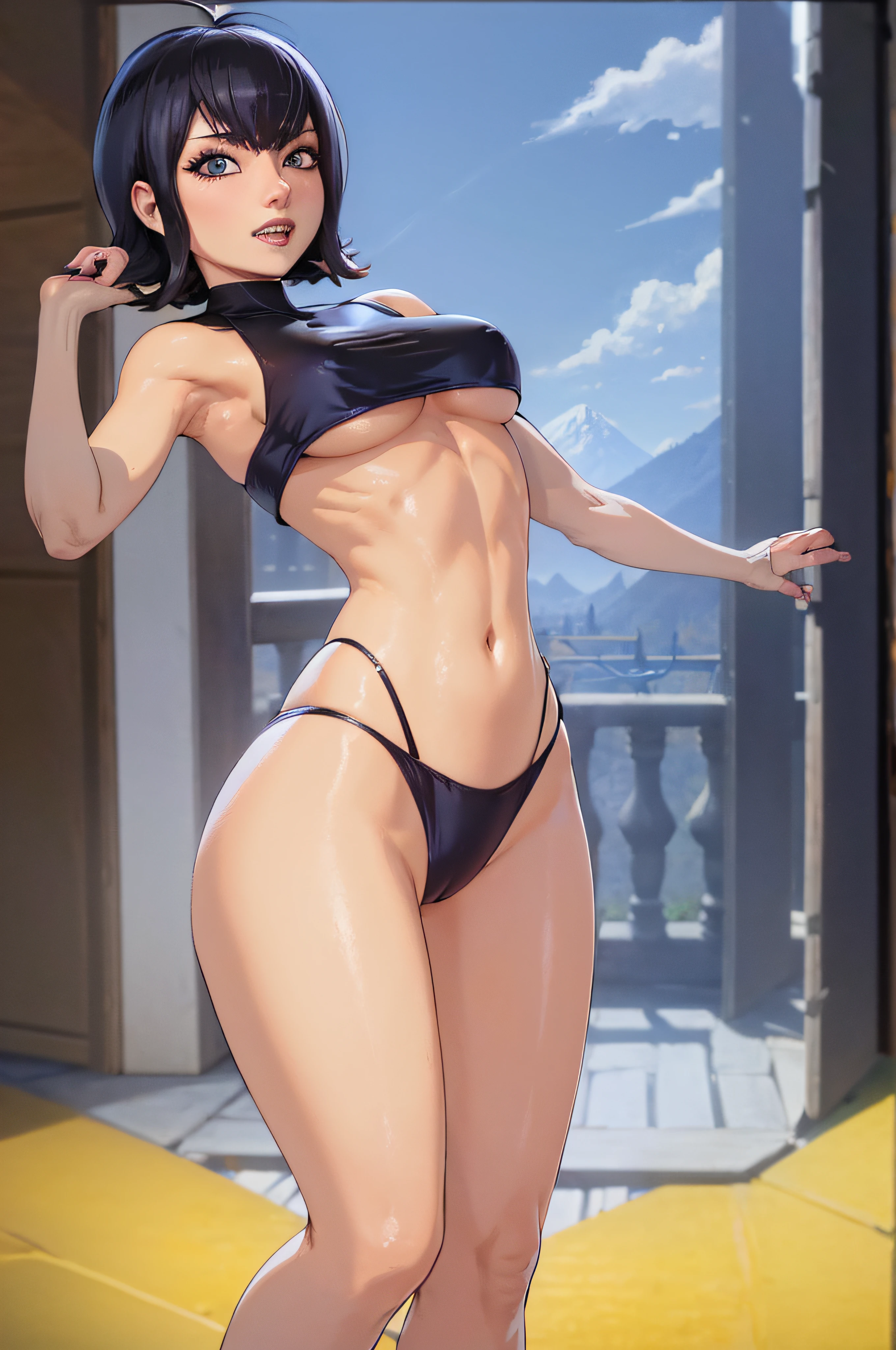 (obra-prima, melhor qualidade: 1.2), tiro de cowboy, solo, 1girl, mavis dracula, bikini preto, sensual, y, bico do peito, grande meia listrada,