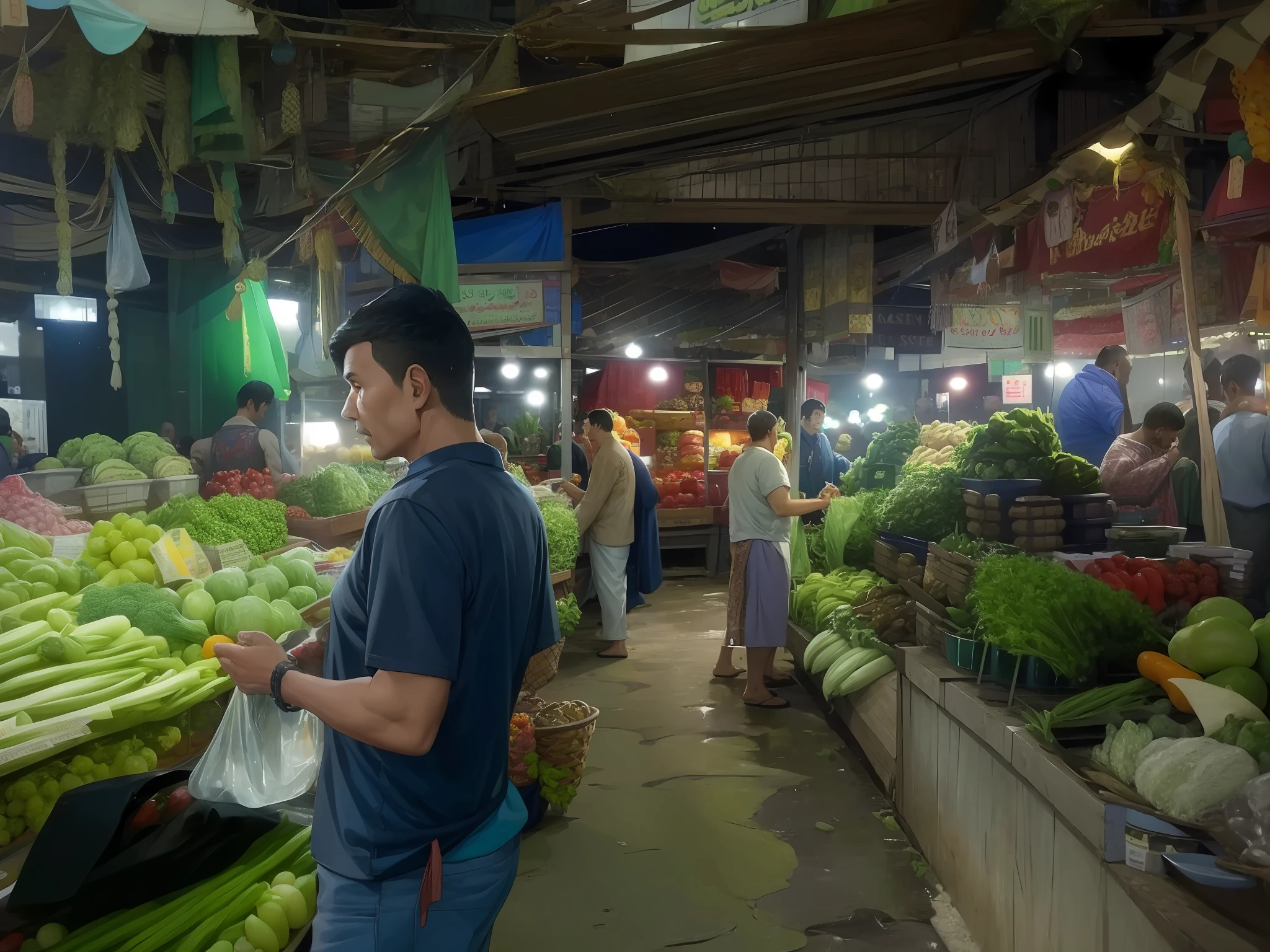 there is a man standing in a market with vegetables, the vibrant echoes of the market, busy market, wet market street, market setting, market, fresh food market people, inside an arabian market bazaar, 188216907, 3 4 5 3 1, photo taken at night, Dhaka Bangladesh