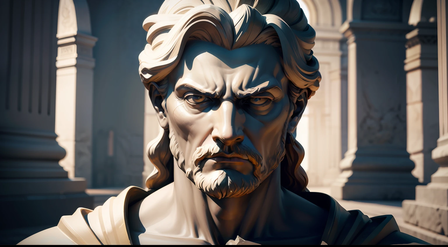 a stoic statue looking to the camera with anger, the statue is ultra realistic and very strong -- 4K