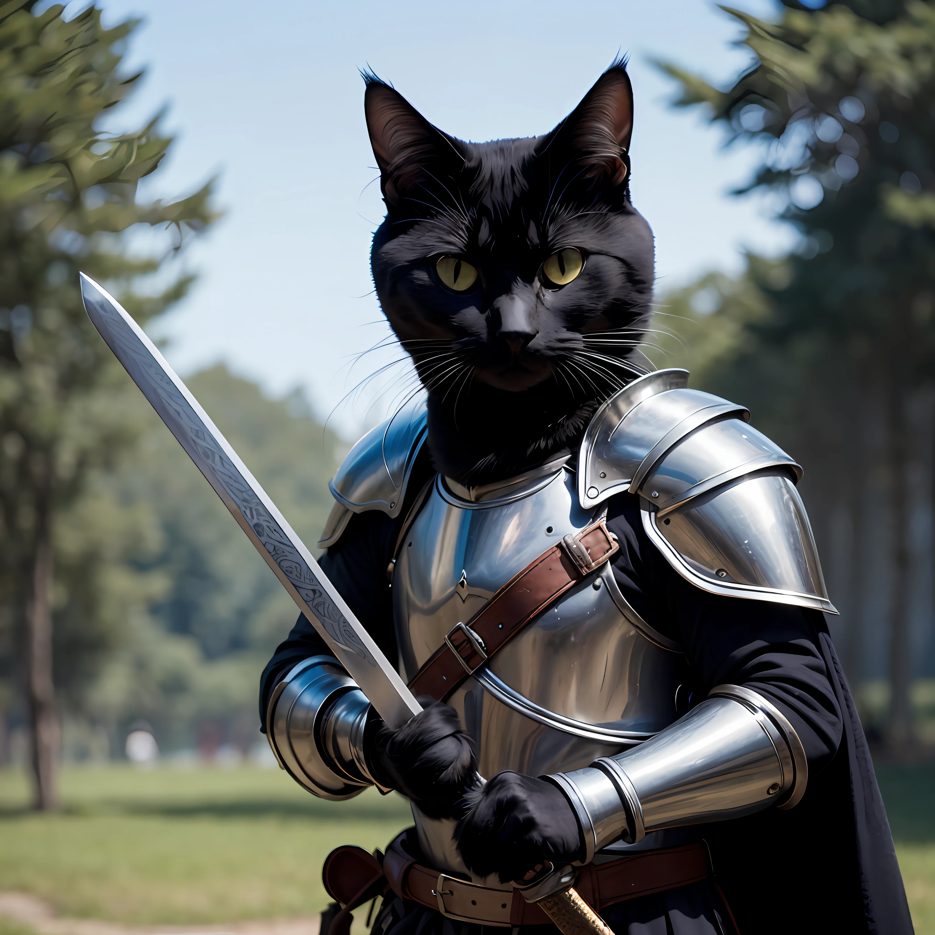 A black knight cat, holding a sword, wearing black armor