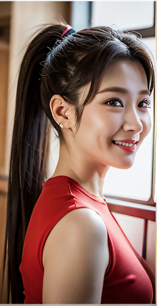 tmasterpiece,best qualtiy,A high resolution,(fidelity:1.4),耳Nipple Ring,(depth of fields:1.8),South Korean beauties,thigh gap,1个Giant Breast Girl,long whitr hair,pony tails,(solo person:1.1),red colour,(Slit skirt curtain:1.5),(Häkerneck T-shirt),ninjartist,ninjartist,cropped shoulders,gloves on the elbow,(looking at viewert:1.2),(ssmile:1.2),(full bodyesbian:1.),(in city:1.5 ), middlebreast,