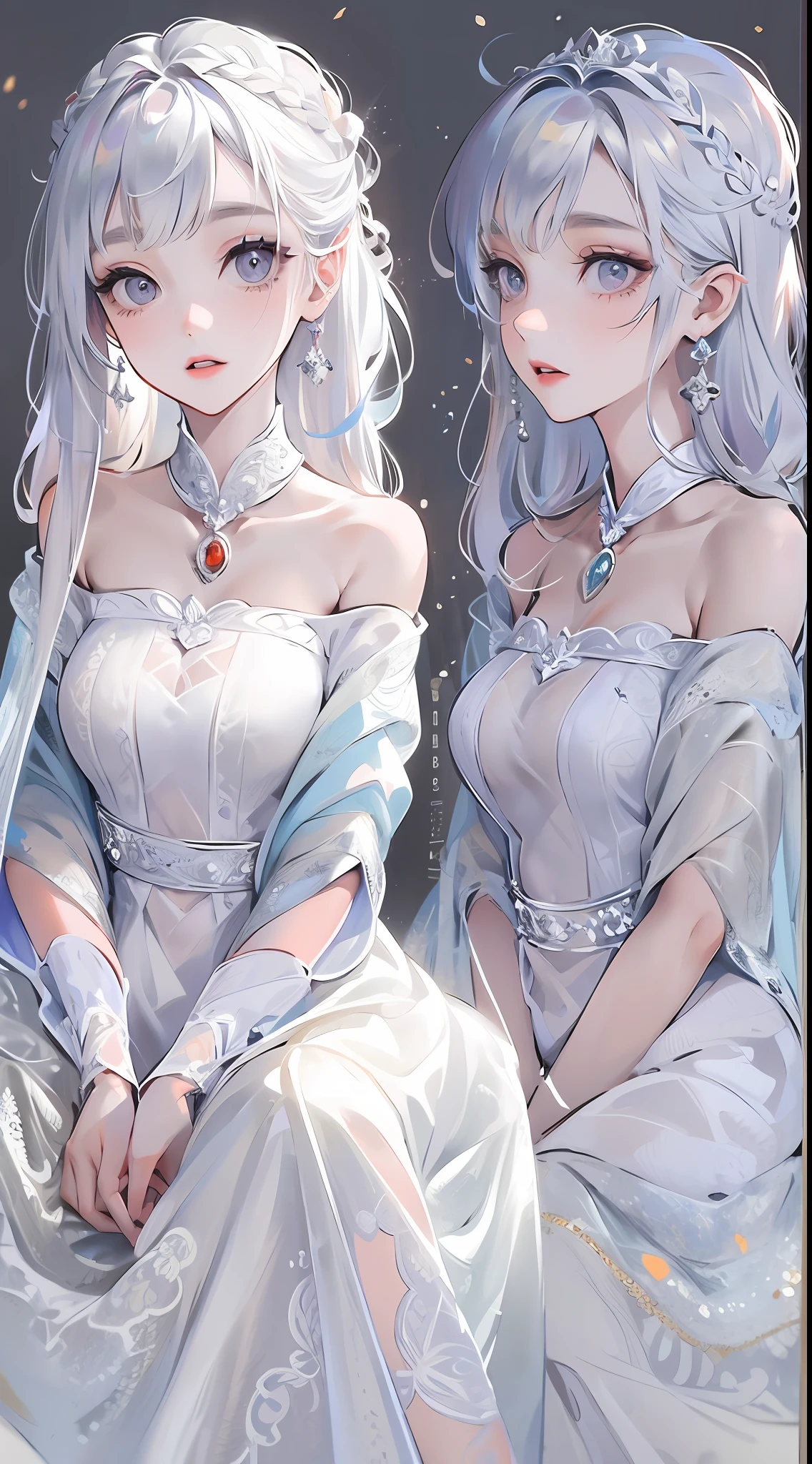 Best quality, highly detailed, masterpiece, ultra detailed, (reality: 1.2), 1 girl, (white background), simple background, delicate eyes, silver hair, purple eyes, hair_ornament, (white off-the-shoulder shirt: 1.3), long hair, pointy_ears, crown_braid, expressionless, straight hair, (++ sitting: 1.2), room,