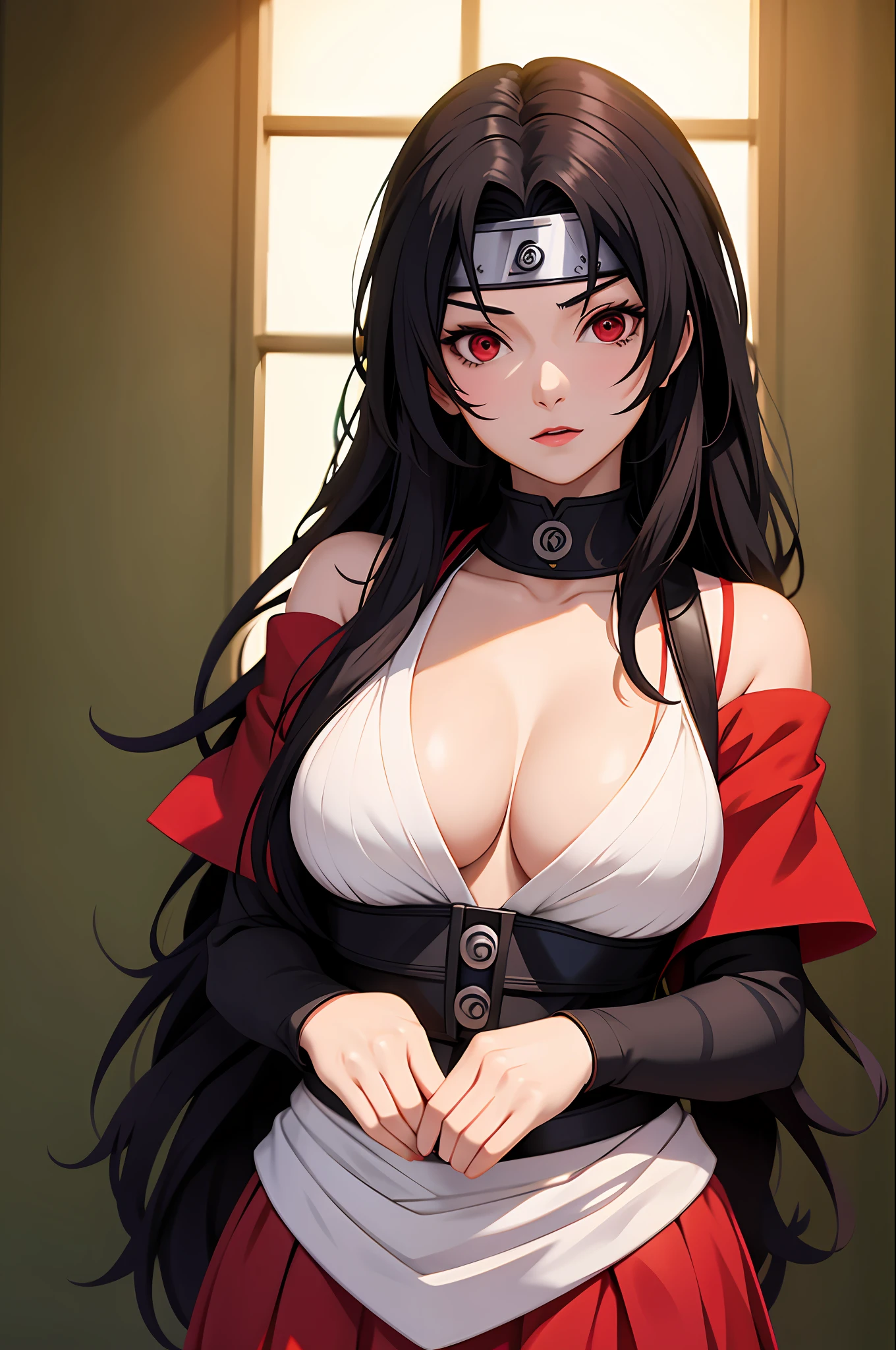 nar_kurenai_yuhi,Forehead protection,bandagens,full bodyesbian,red eyes,wariza,Off-the-shoulder attire,cleavage,little breast