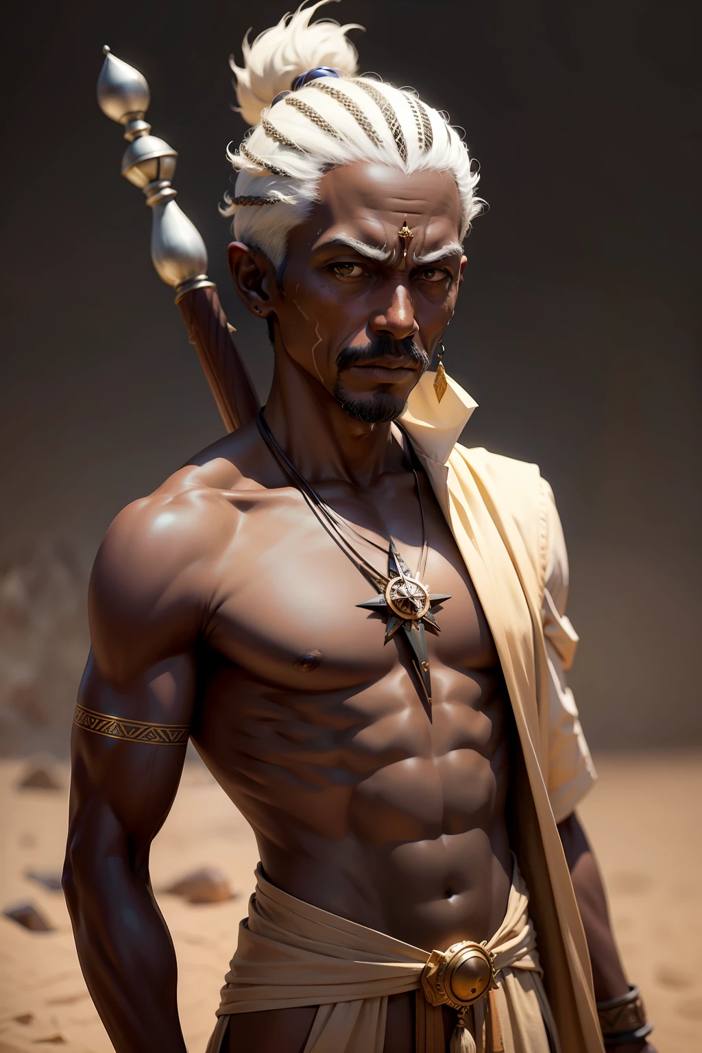 Desert monk Staff Dark skin Compass Old man sideways Upper body