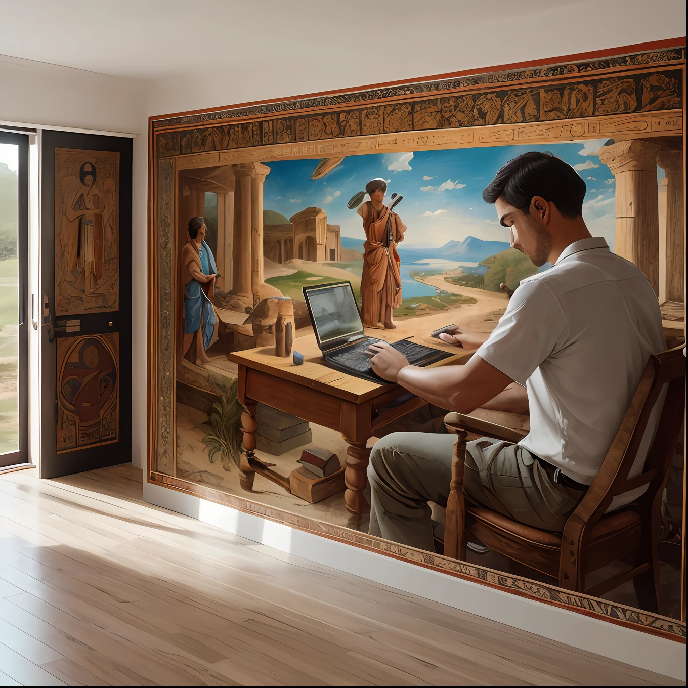 a picture of an ancient mural showing a man working on a computer, high details, best quality, 8k, [ultra detailed], masterpiece, best quality, (extremely detailed), dynamic angle, ultra wide shot, photorealistic,