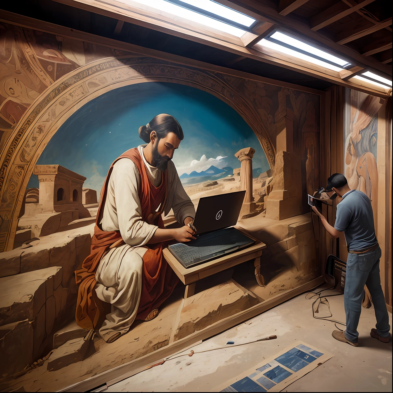 a picture of an ancient mural showing a man working on a computer, high details, best quality, 8k, [ultra detailed], masterpiece, best quality, (extremely detailed), dynamic angle, ultra wide shot, photorealistic,
