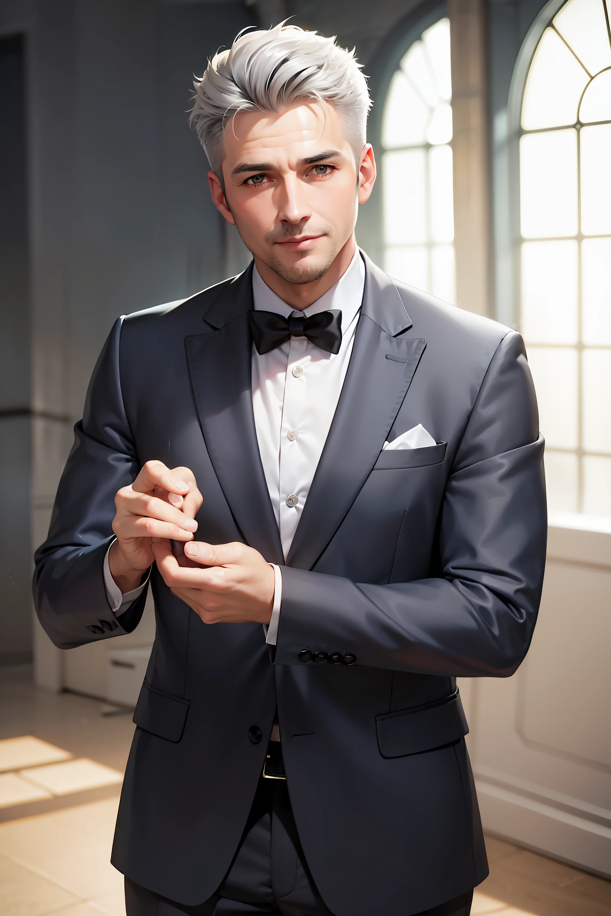 ((hyper HD,tmasterpiece,best qualtiy)),malefocus,A handsome middle-aged man,Short, neatly combed gray hair,Fit and fit,Wear a stylish gray suit,With a smile。