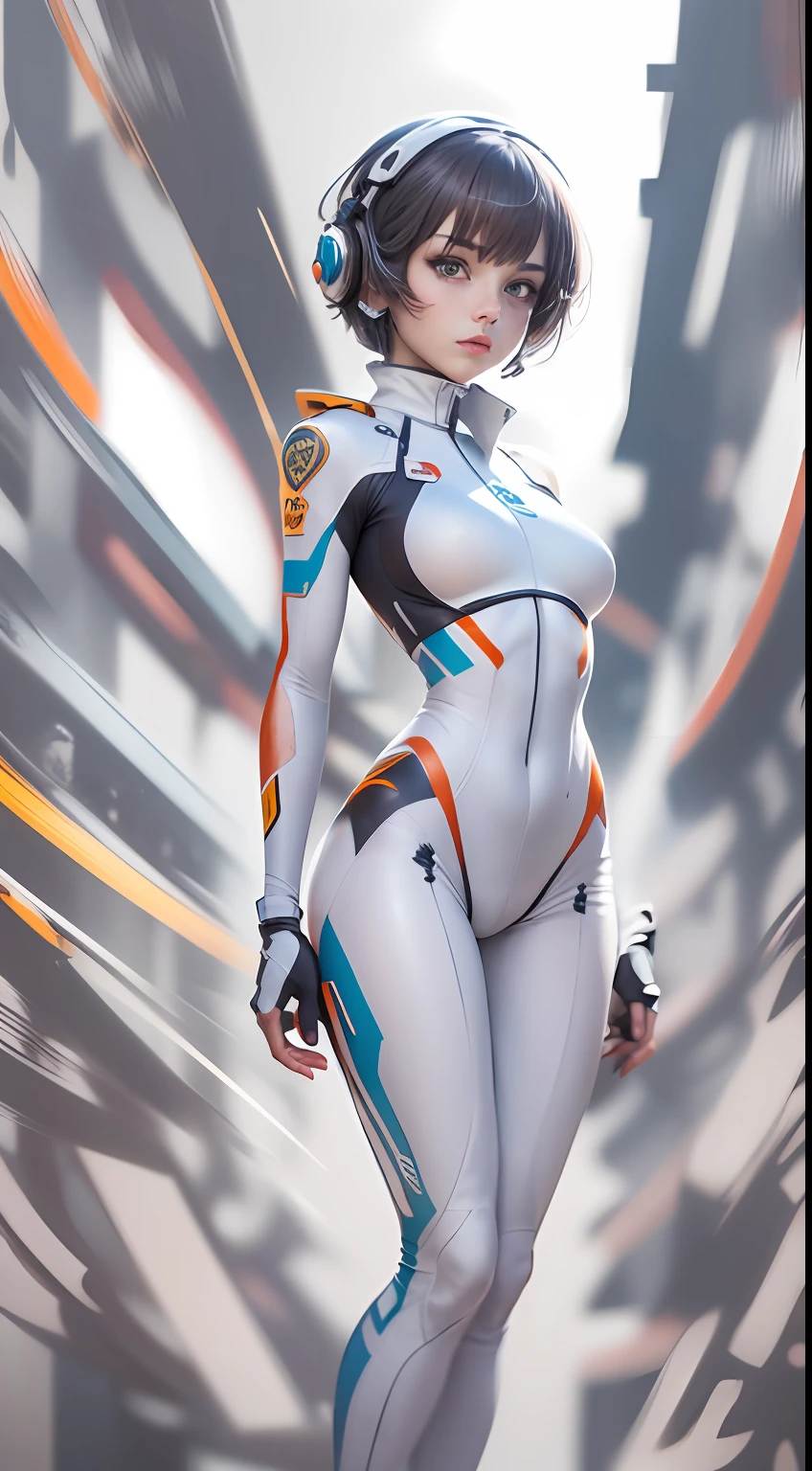 Best quality,Highly detailed,Masterpiece,Ultra-detailed,Solo,1girll,(White background:1.5),(Delicate eyes),1girll, Manteau, ayanami_Wang, tightsuit, White_tightsuit, Red_Eyes, Solo, Simple_Background, White_Background, pilot_suit, short_Hair, Blue_Hair, bangs, interface_headset on head, Turtleneck, Hair_between_Eyes, Skinny, parted_Lips, Looking_at_peeping at the viewer, small_Breasts, The upper part of the body_Body,wariza (Masterpiece, Best quality:1.4), Light painting, (Long exposure:1.2),dynamic streaks, luminous trails, Vibrant colors, fluid movement, Charming Patterns, Creative experimentation,(1girll),(highest details),(Cowboy shot:1.2),Dynamic pose,