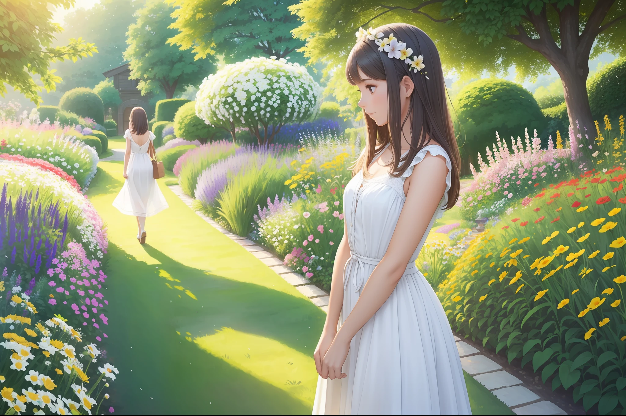 In a beautiful garden, una hermosa joven camina con un vestido corto con tirantes, camina descalza por la hierba, Small flowers are of various colors. It's a summer day with good light. Una imagen espectacular. (obra maestra) (mejor calidad)