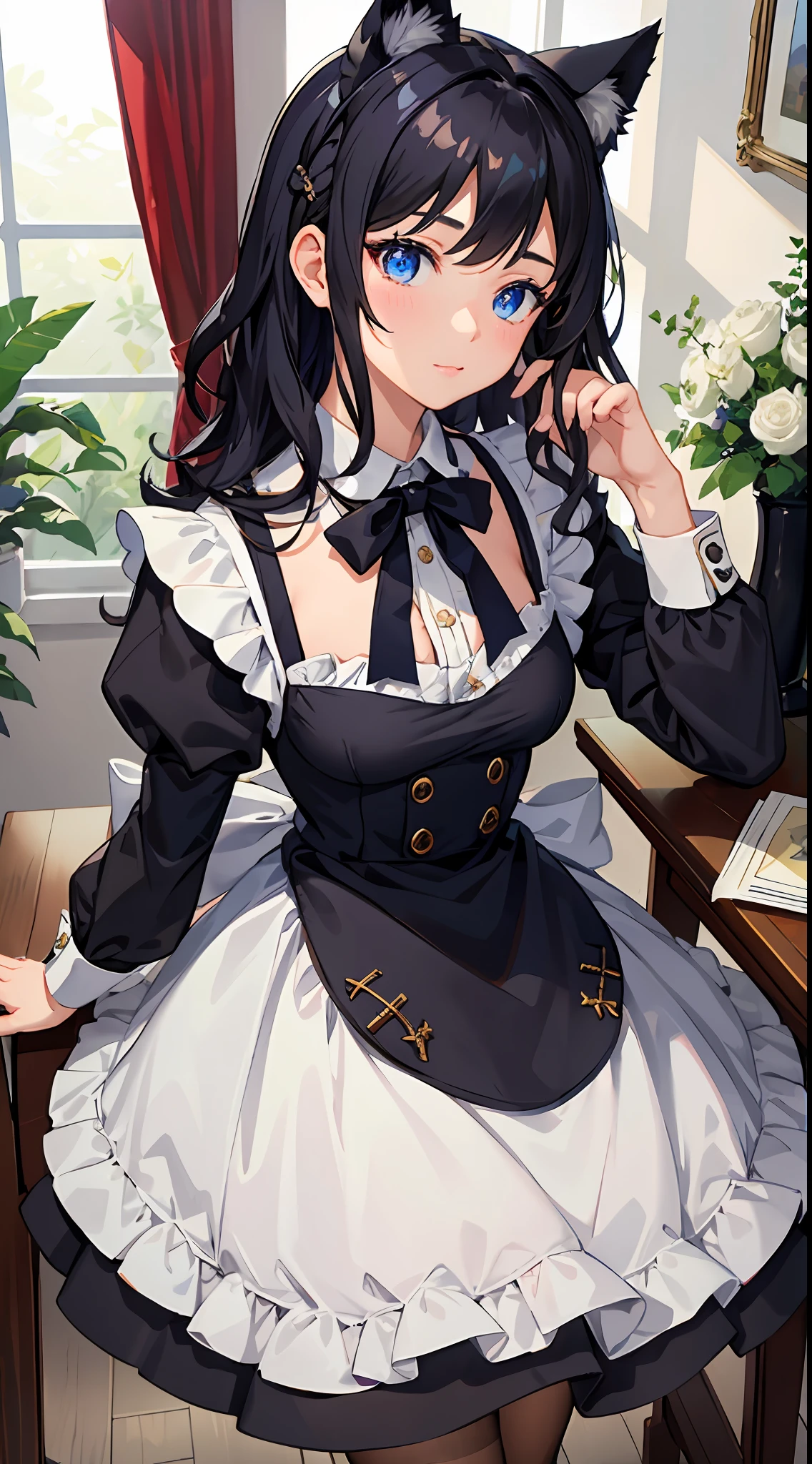 {{masterpiece}}, short wavy hair, navy hair, black cat ear, blue eyes,maid clothes、Background with、Fashionable