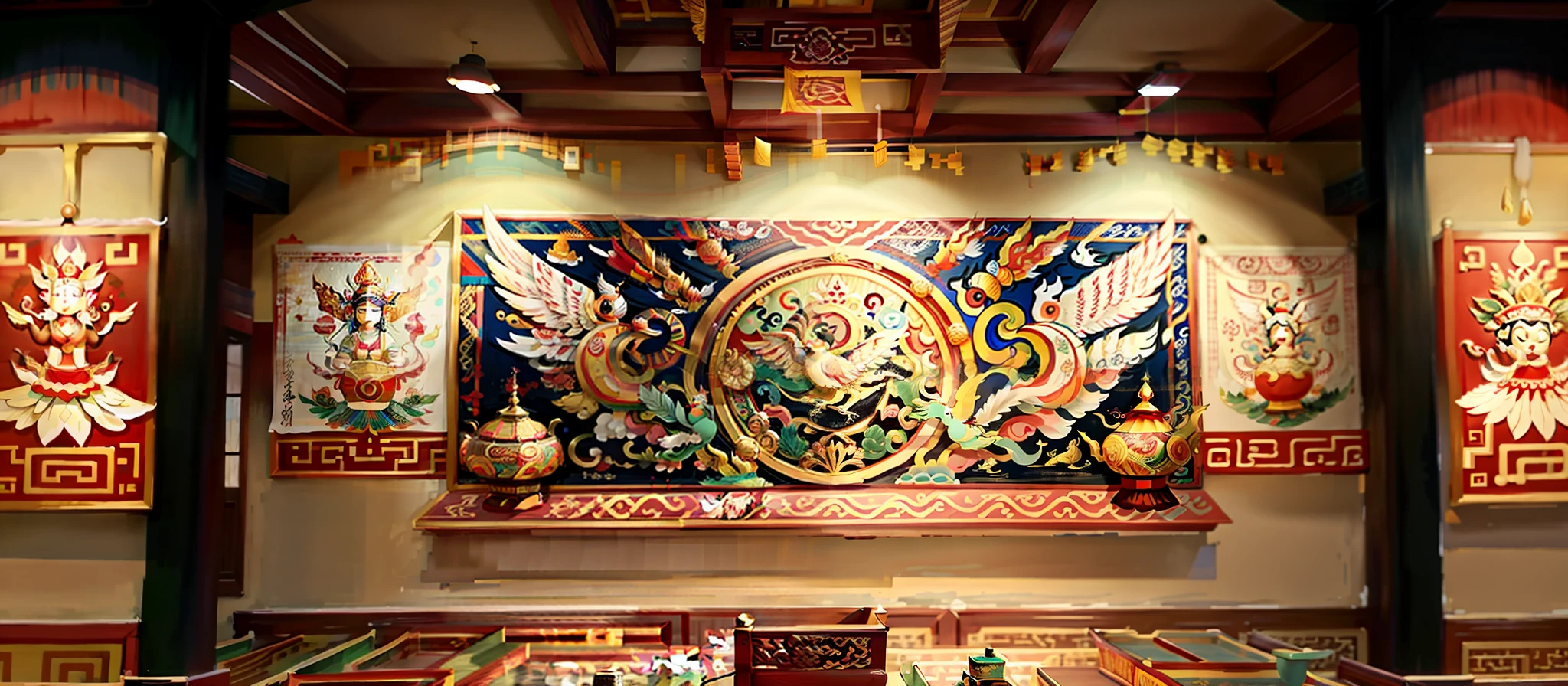 The wall is painted with a bird and a flock of people, Wall painting, tibetan painting, traditional painting, symbolic mural, unique and intricate painting, intricate frescoes, Mythological painting, persian folktale art style, hystorical painting, inspired by Yun-Fei Ji, Mogao Grottoes, ancient china art style, an ultrafine detailed painting