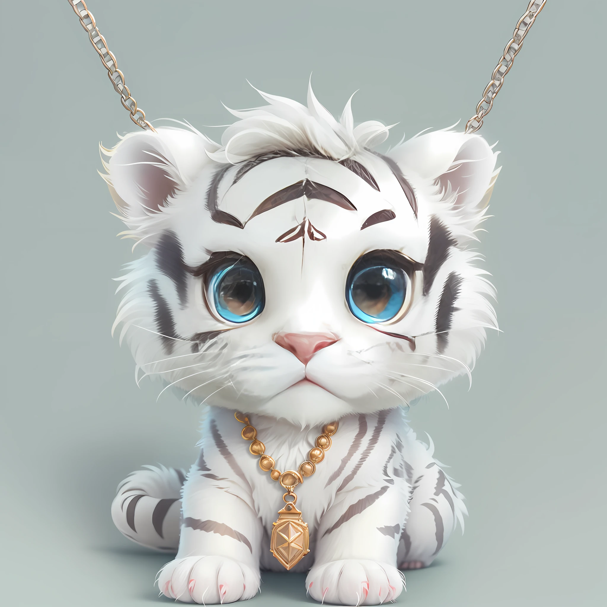 cute tiny hyperrealistic white tiger with different color eyes waring a necklace, Chibi, adorable and fluffy, logo design, cartoon, cinematic lighting effect, charming, 3D vector art, cute and quirky, fantasy art, bokeh, hand-drawn, digital painting, soft lighting, isometric style, 4K resolution, photorealistic rendering, highly detailed clean, vector image, photorealistic masterpiece, professional photography, simple space backdrop, flat white background, isometric, vibrant vector