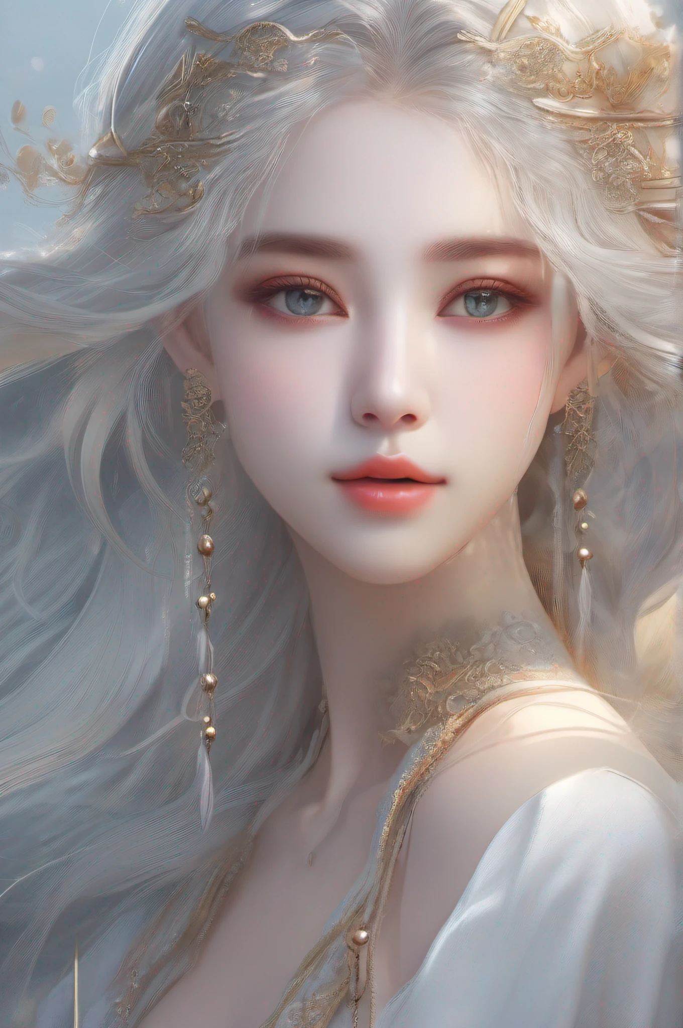 （tmasterpiece，top-quality，8k wallpaper，A high resolution，Ultra photo realsisim），1girll，独奏，Full-body composition at a distance，Slim body：1.1，（Beautiful face like a doll：1.5），beauitful face，beautidful eyes，详细的脸，Detailed eyes，detailed nose，Detailed mouth，Extremely delicate，Brilliant，Flowing gray hair，Golden eyes are bright，White robe，Look up at the sky，Show your upper body，Stretch long, slender strands，The skin is as fair as jade，The side braids are beautiful。