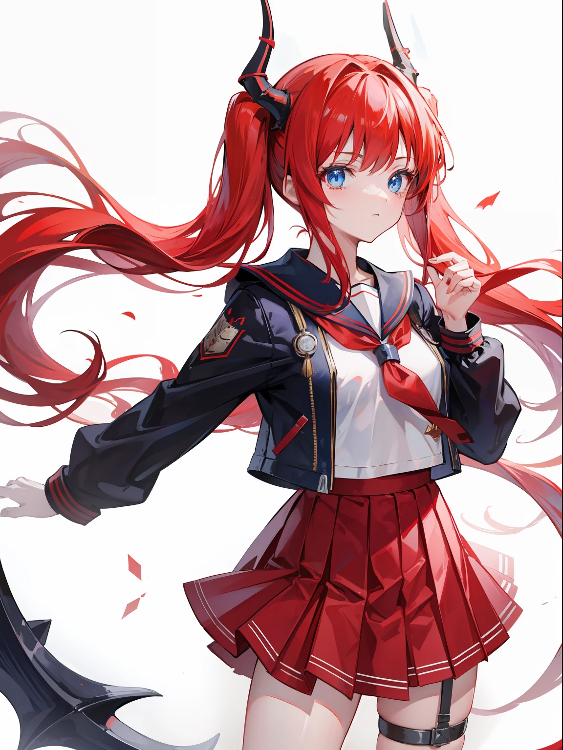 red hair, blue eyes, twintails,Sailor suit,Dragon horns,coat,red Pleated skirt,solo,1girl, arknights, long hair, loli,