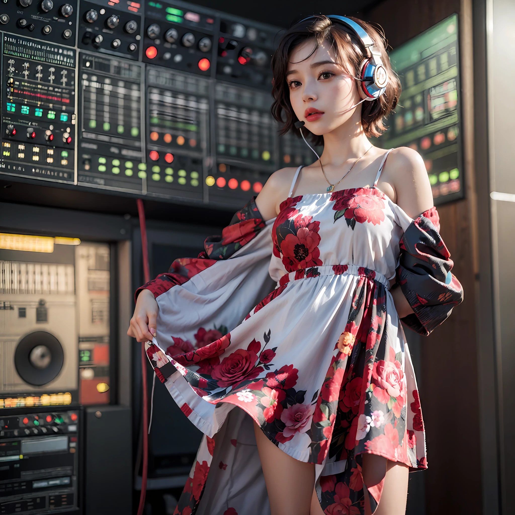 Best Quality, masutepiece, (Photorealistic:2), Ultra High Resolution, Highly detailed, A hyper-realistic, 1girl in, ((Red headphones)), (Longer dress), Floral pattern, colourfull_hair、(((very_Short_hair))), Short hair, Slim body, Full Shot, Looking at Viewer, ((Music Studio)), Bright atmosphere, spot light, Detailed background