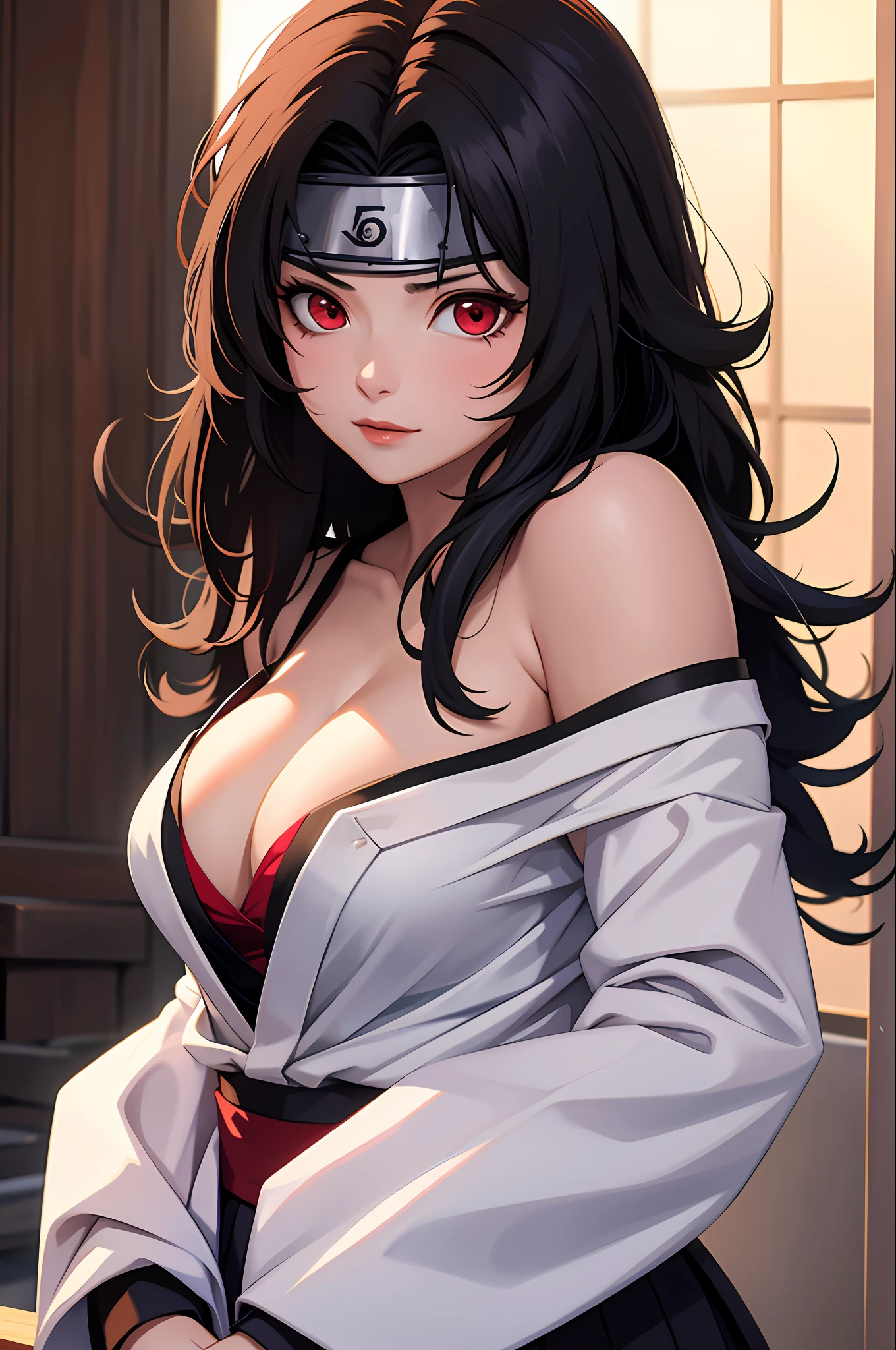 nar_kurenai_yuhi，Forehead protection，bandagens，full bodyesbian，red eyes，wariza，Off-the-shoulder attire，cleavage，little breast