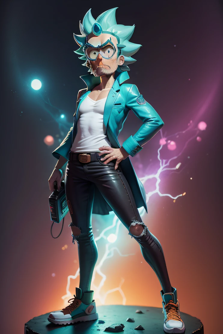 Eu gostaria de uma figura do rick sanchez, do desenho rick and morty, with a very colorful and science fiction background, with antique 3D glasses, vermelho e azul, onde ele esteja bravo e pensando na vida