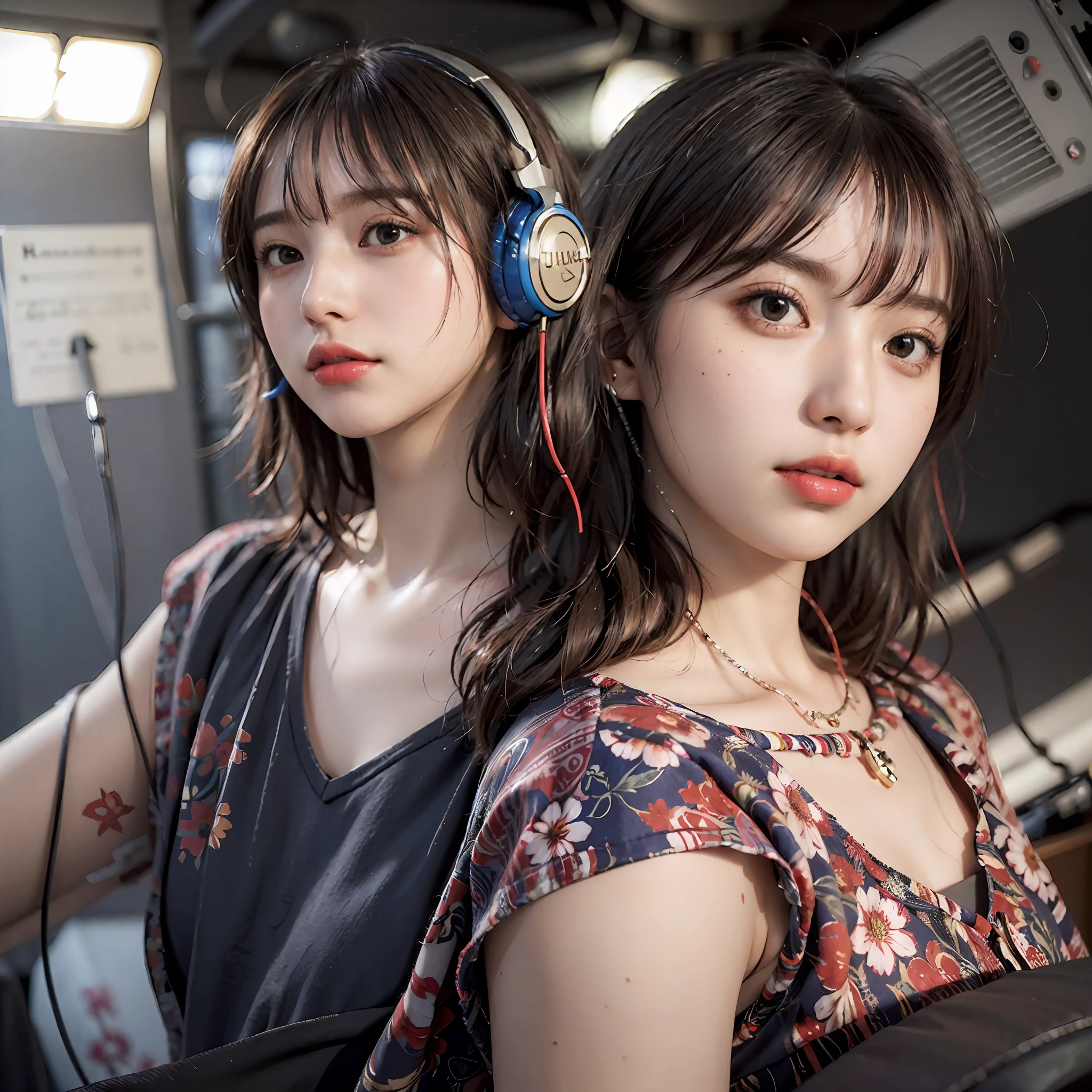 Best Quality, masutepiece, (Photorealistic:2), Ultra High Resolution, Highly detailed, A hyper-realistic, 1girl in, ((Red headphones)), (Longer dress), Floral pattern, colourfull_hair、(((very_Short_hair))), Short hair, Slim body, Full Shot, Looking at Viewer, ((Music Studio)), Bright atmosphere, spot light, Detailed background