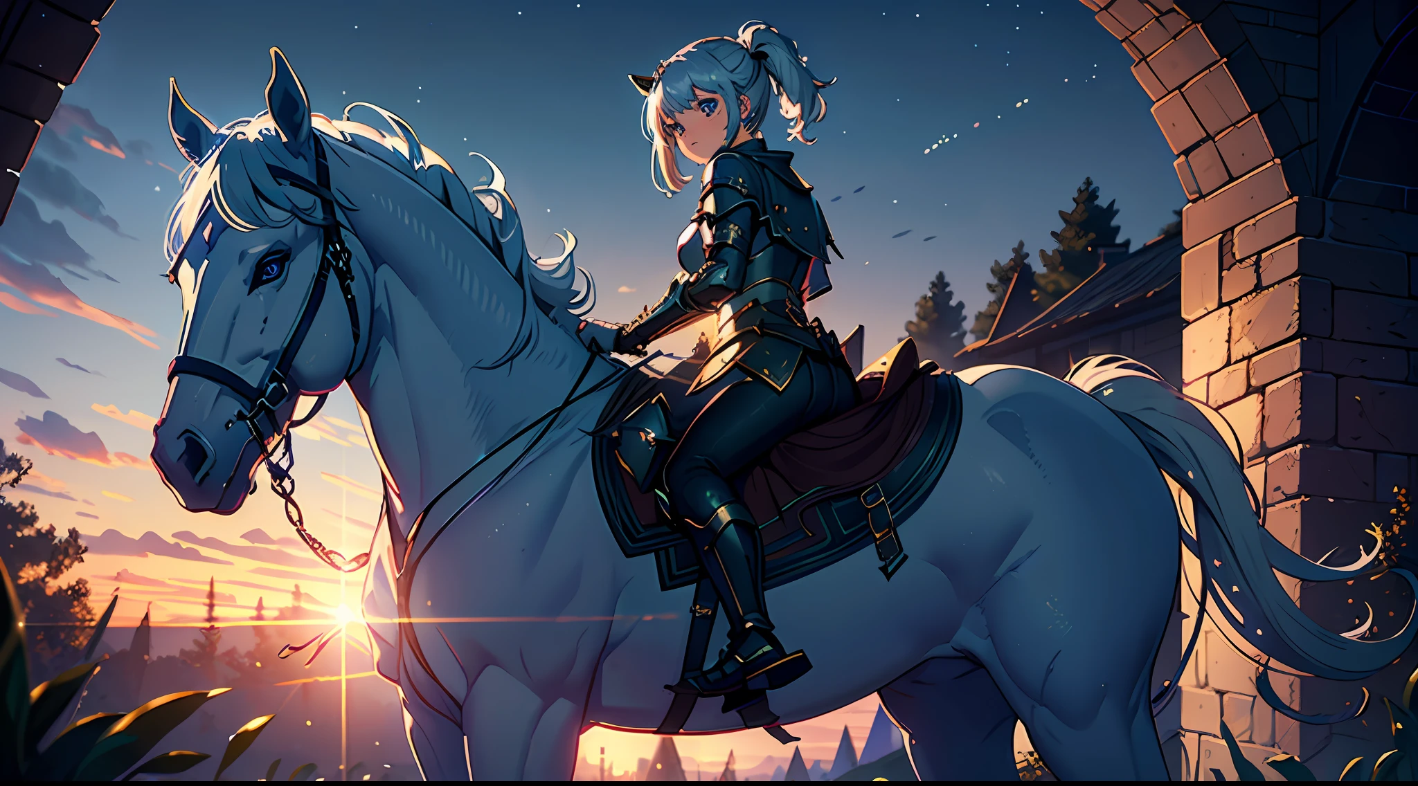 {{masterpiece, best quality, extremely detailed CG, unity 8k wallpaper, cinematic lighting, lens flare}},A girl wears armor,mounted on a horse,Look into the distance,The light from the back window is backlighted,blue luminous eyes