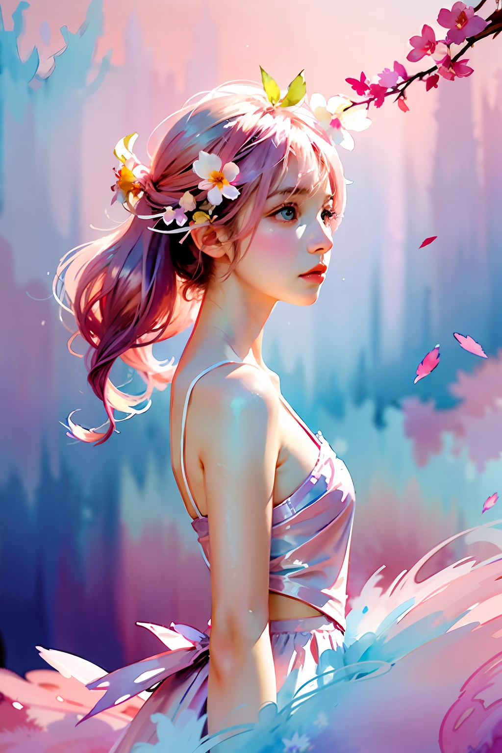 1 girl, flowers, fairy flowers, light pink and light sky blue style, dreamy romantic composition, pale pink, ethereal leaves, playful arrangements, fantasy, high contrast, ink strokes, explosion, overexposure, purple and red tone impressions, abstract, ((watercolor by John Berkey and Jeremiman)) brush strokes, negative space
