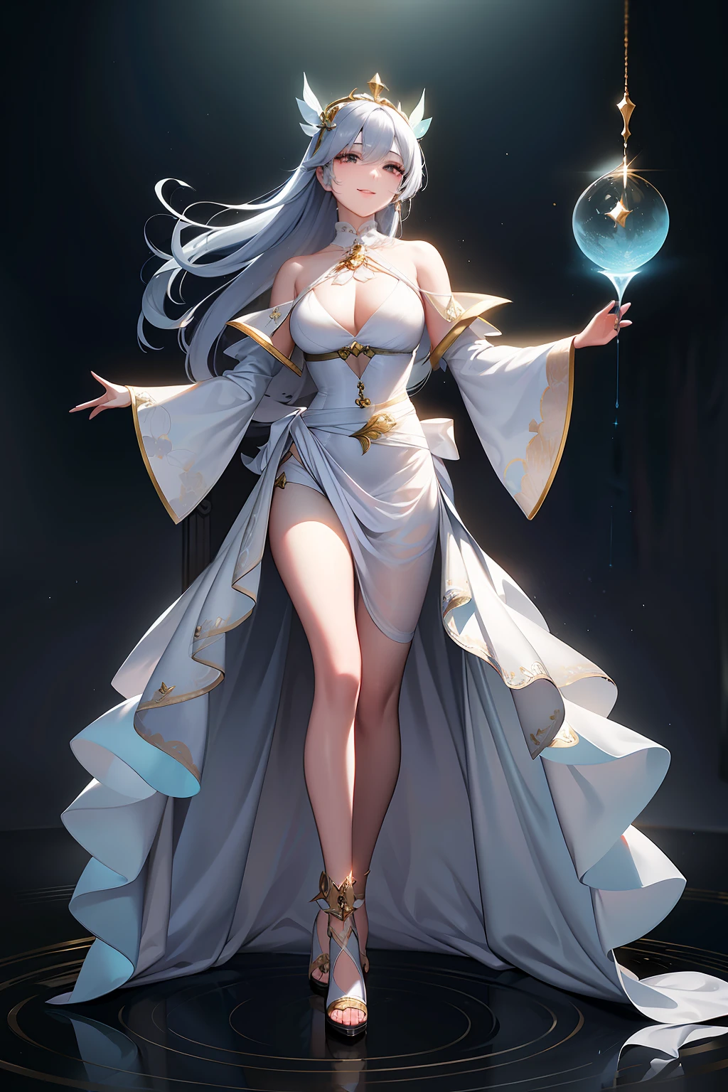 baiyun（baiyun） Appearance： -sex：Women - height：170 cm - body size：Elegant and slender，Noble figure - hairstyle： whaite hair，Hanging down to the waist - eyes：Deep and clear，Sparkle like a star - skin tone：white as jade，Exudes a shiny outfit： - Main costumes：Gorgeous fairy fairy dress，White chiffon dress，Long sleeved waistband，Skirt mopping，Dancing like a white cloud - accessories：A white garland is worn on his head，A ribbon is tied around the waist，Draped over the knee - footwear：White thin tied sandals，It's like a personality walking through the clouds： -nature：Immortal、demure、gentleness，Always with a serene smile - magic：Has the magic of a fairy，The wind can be controlled、Eau、Lights and other elements - duties：As a fairy of the Nine Heavenly Immortal Realm，Her mission is to keep the peace，Protect all living things，Full body like