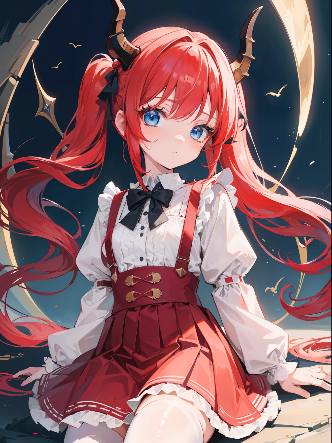 {{best quality}}, {{masterpiece}}, {{ultra-detailed}}, {illustration}, {detailed light}, red hair,blue eyes,twintails,lolita,Suspenders skirt,Fantastic,loli,solo,Dragon horns,little girl,long hair
