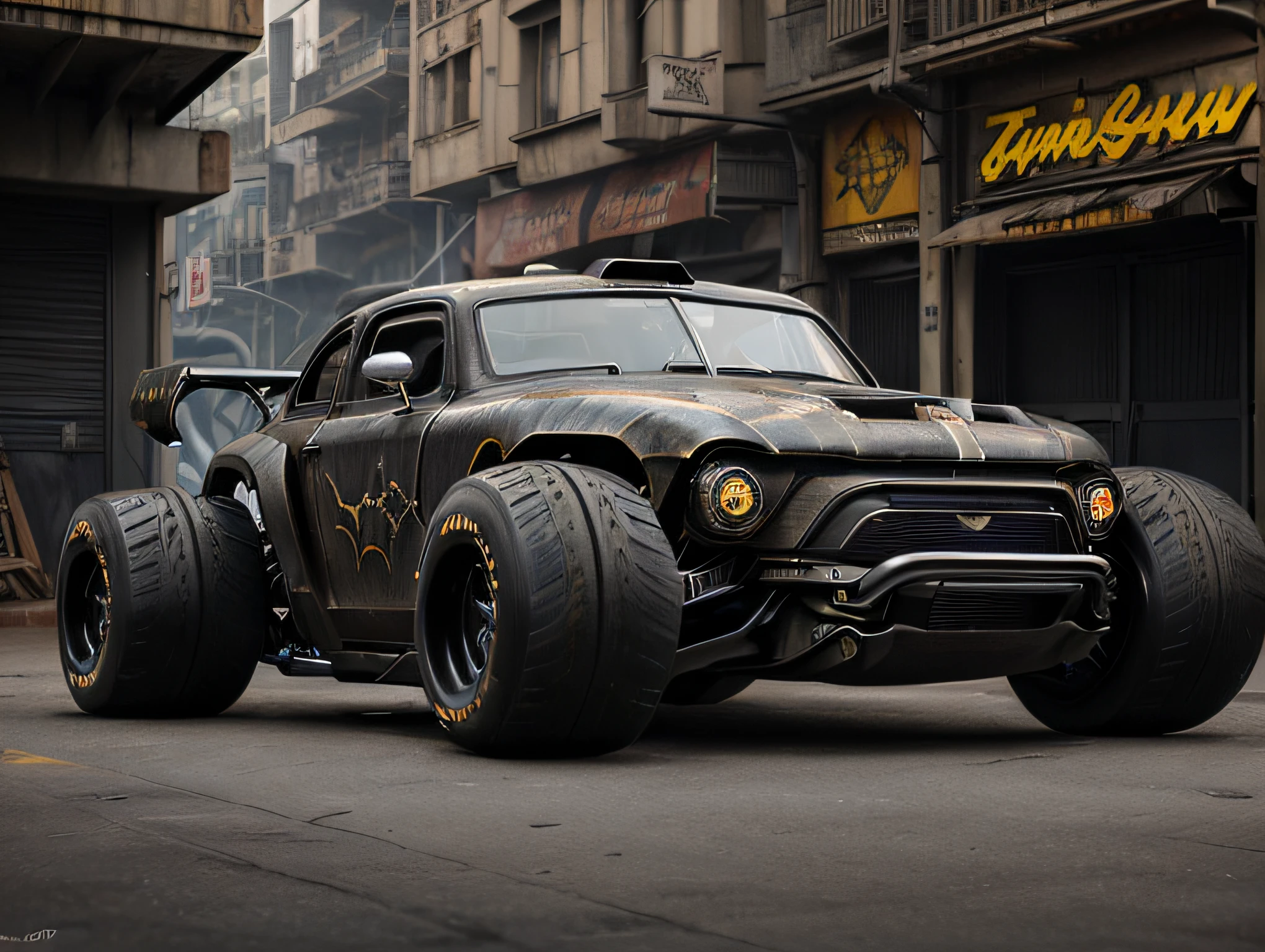 (((low-slung tuned futuristic cyberpunk black badass rat rod zeekars))) hotrod, at the parking lot, wide tires, at night city, city lights