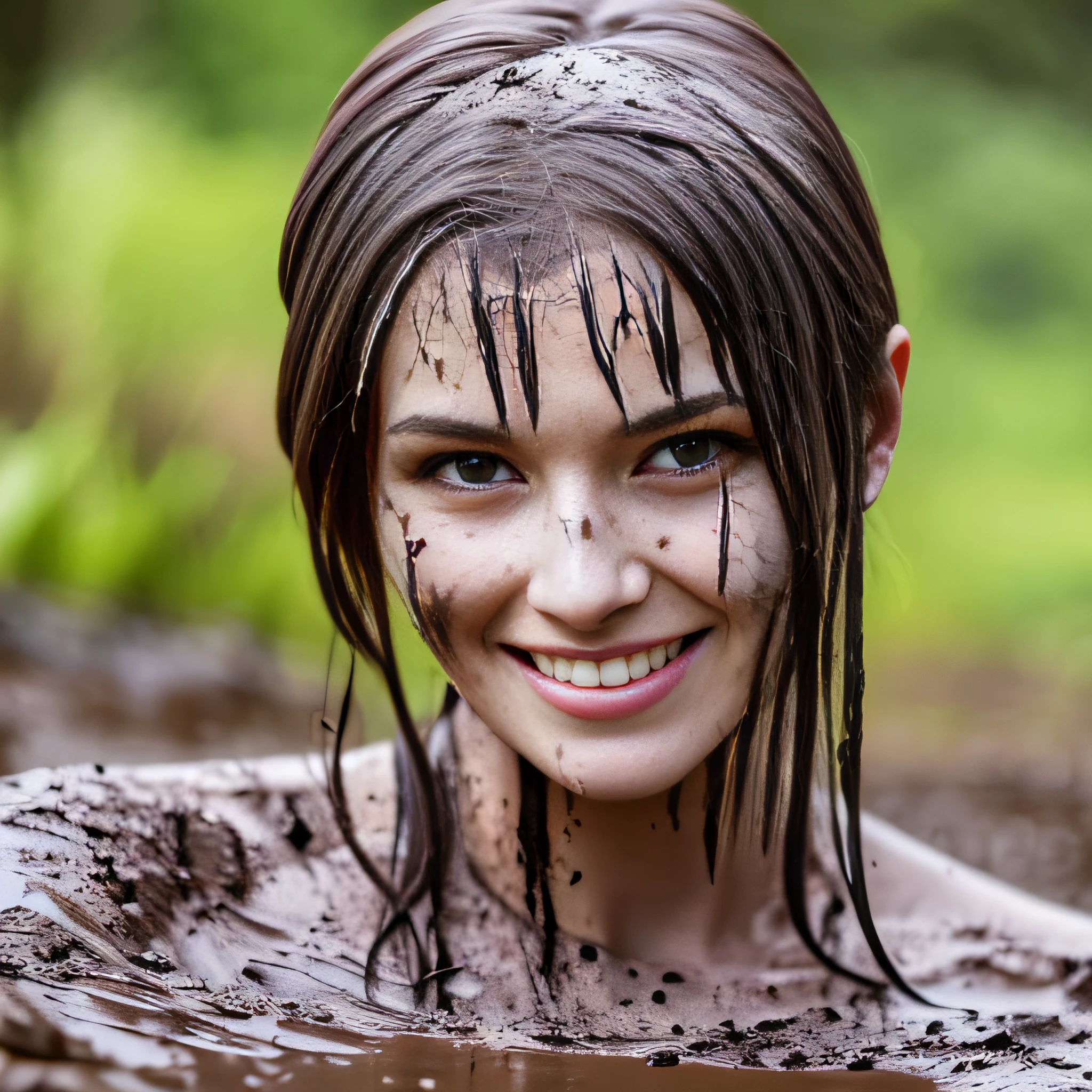 Hyperrealistic photograph of a woman in a white wedding dress splattered with mud, long white satin gloves, choker white dirty with mud, (Whole body view), der Schritt ist voller Schlamm, Schlammspritzer im Gesicht, das Gesicht ist mit Schlamm verschmiert, 30-year-old women bsmeared with mud, Lena meyer Landrut,schwarze lockige Haare mit Schlamm verschmiert, das Korsett ist mit Schlamm verschmiert, High quality, realistische Beleuchtung, Bildmitte, 8K, HDR, BDSM, medium breast size, lange Beine, professionelle Fotografie einer Frau, natural skin texture smeared with a lot of mud, 4K-Texturen, Adobe Lightroom, Fotolabor, HDR, kompliziert, elegant, sehr detailliert, scharfer Fokus, wahnsinnige Details, komplizierte Details, hyperdetailliert, Helles Kinolicht, Außenatmosphäre, Kinn hochgezogen, (exponierter Bauch: 1,8 ), Mund halb offen, smiling, Fernaufnahme