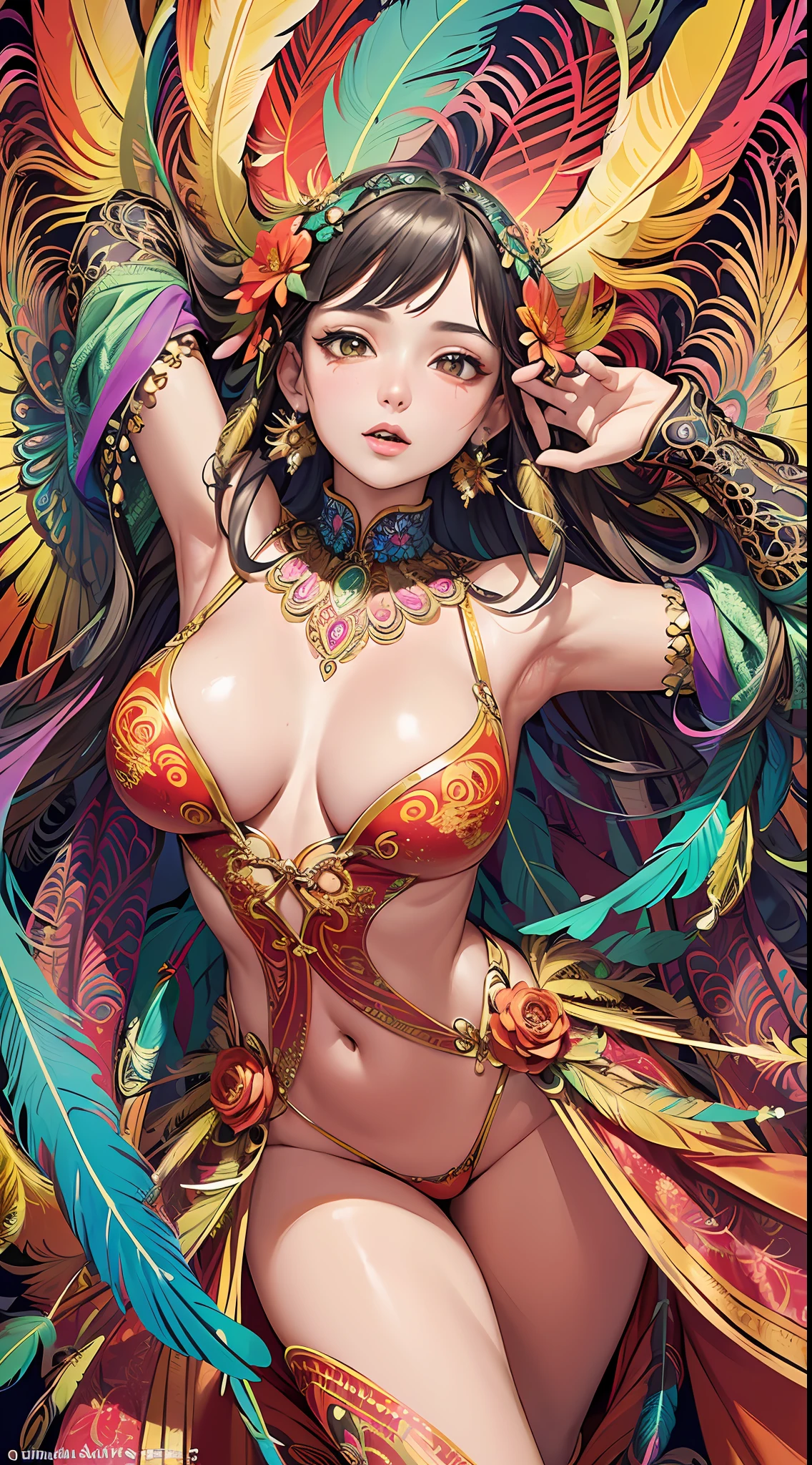 (masterpiece, top quality, best quality, official art, beautiful and aesthetic:1.2), (1girl:1.3), extremely detailed,(fractal art:1.1),(colorful:1.1)(flowers:1.3),highest detailed,(zentangle:1.2), (dynamic pose), (abstract background:1.3), (shiny skin), (many colors:1.4), ,(earrings), (feathers:1.5) , (Flamethrower:1.3),red background,Phoenix dress,