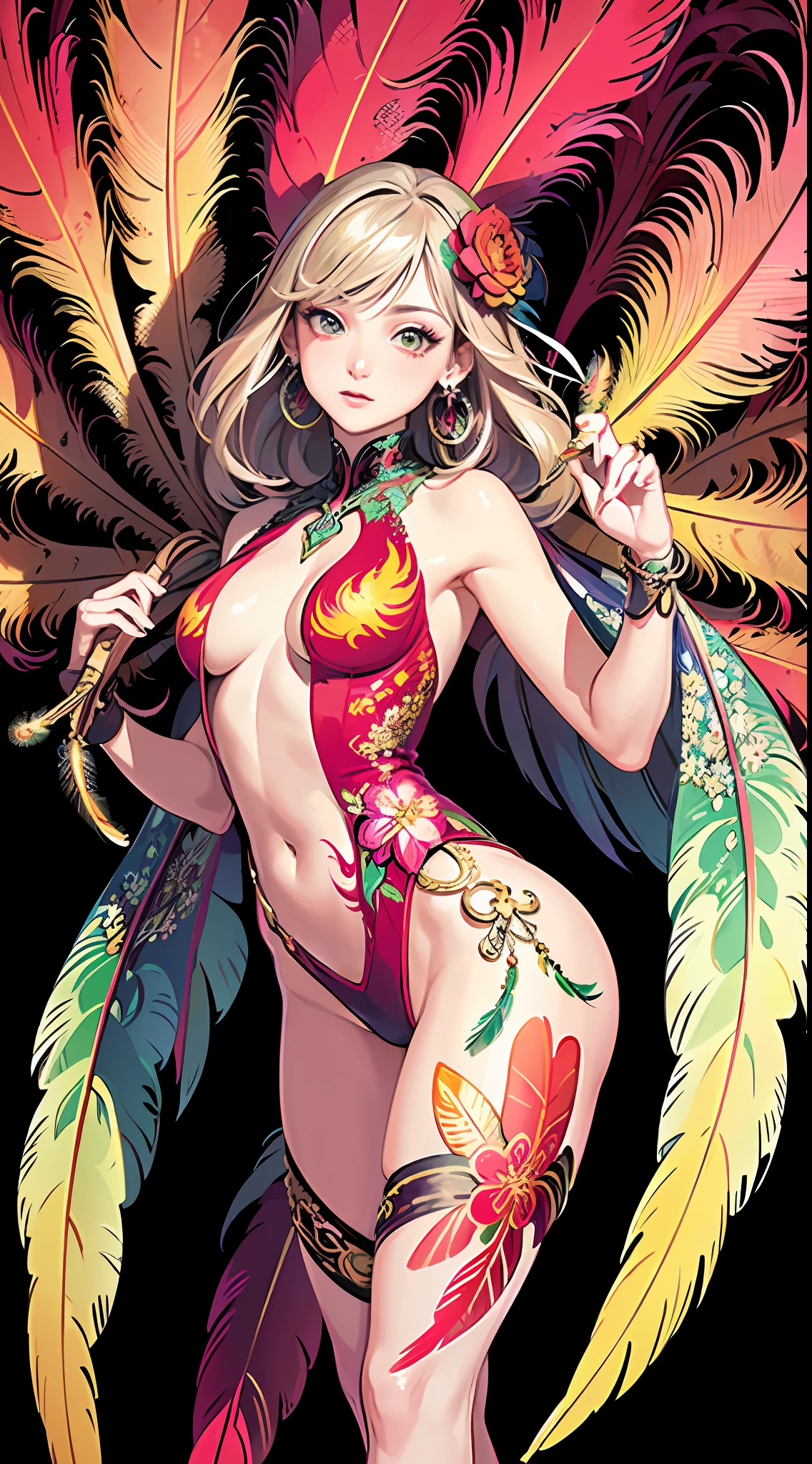 (masterpiece, top quality, best quality, official art, beautiful and aesthetic:1.2), (1girl:1.3), extremely detailed,(fractal art:1.1),(colorful:1.1)(flowers:1.3),highest detailed,(zentangle:1.2), (dynamic pose), (abstract background:1.3), (shiny skin), (many colors:1.4), ,(earrings), (feathers:1.5) , (Flamethrower:1.3),red background,Phoenix dress,