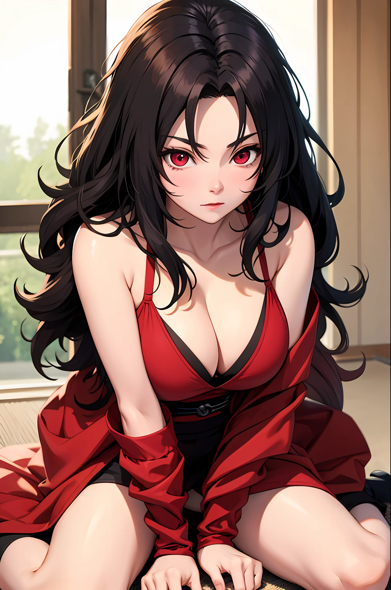 nar_kurenai_yuhi，Forehead protection，bandagens，full bodyesbian，red eyes，wariza，Off-the-shoulder attire，cleavage，little breast