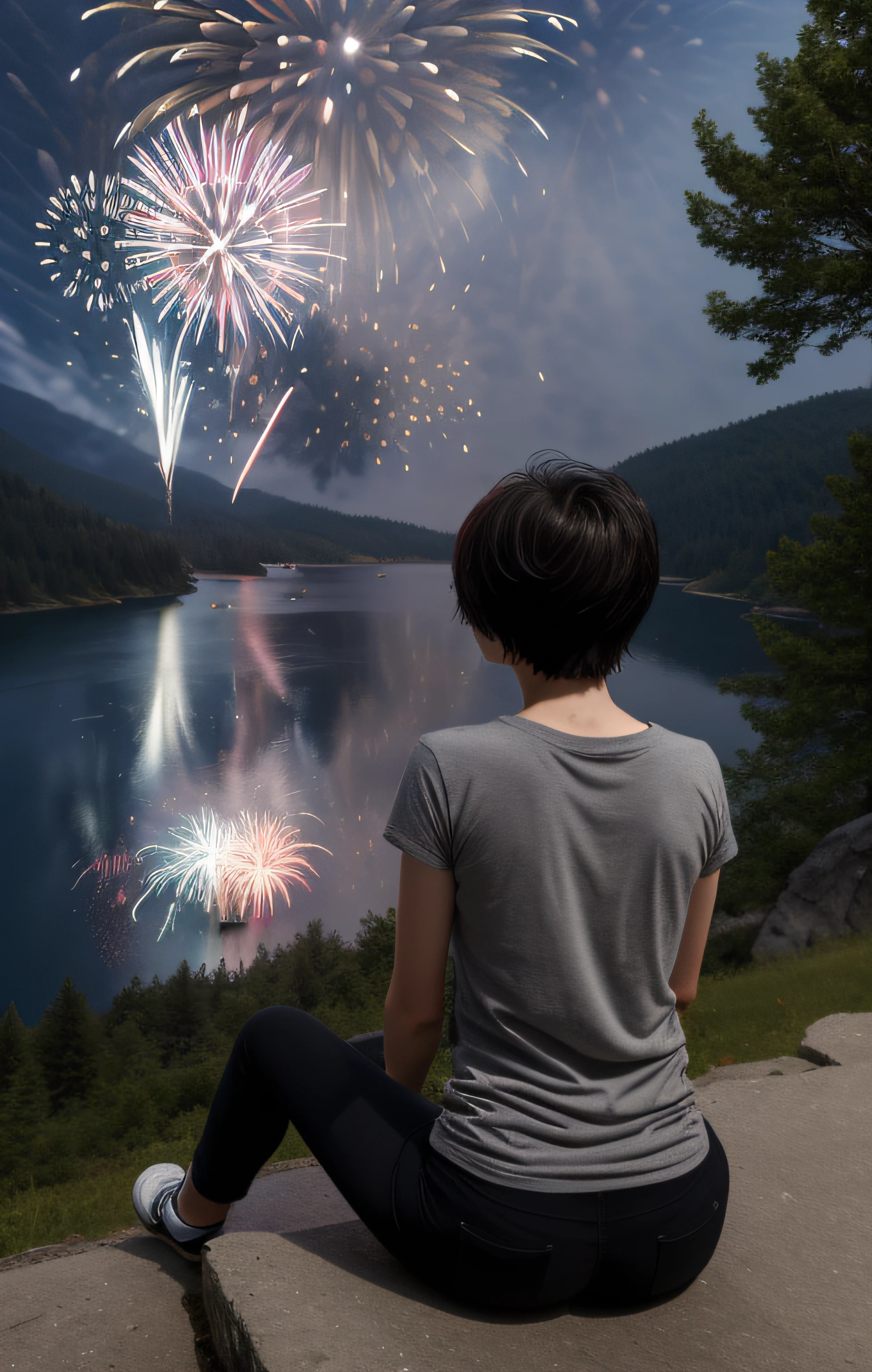 ​masterpiece、top-quality、posterior view、One girl、short-hair、A dark-haired、posterior view、(silhuette)、Dark Grey T-Shirt、Black Skinny Pants、(Sit on the ground)、((Physical education sitting))、(natta:1.5)、((Amazing fireworks))、forest clearing、by lake、on a hill、