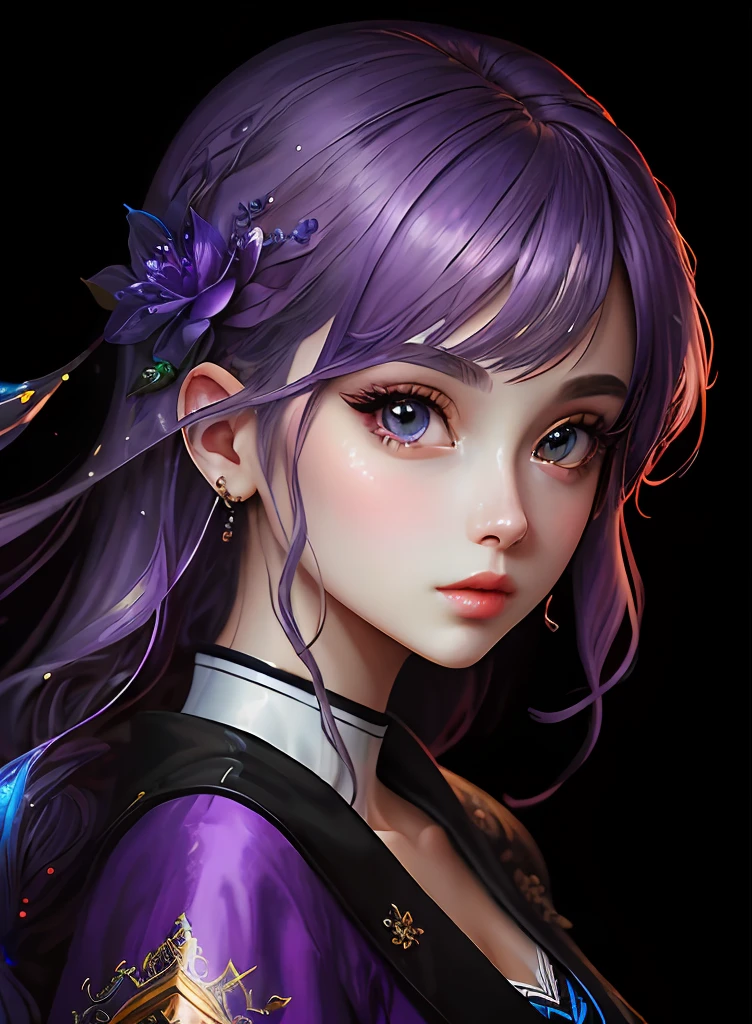 ((top-quality)), ((masterpiece)), ((realisitic)), (detaileds),anime styled、 (1人の女性)Close up portrait of a woman with purple hair、Beautiful shining eyes, Like crystal clear glass、Casual clothing、4K high-definition digital art、stunning digital illustration、Stunning 8K artwork、colorfull digital fantasy art、Colorful and bright、beautiful digital works of art、Colorful Digital Painting、digital anime art、Portrait of beautiful woman、8K HD Digital Wallpaper Art、 Gorgeous Digital Painting