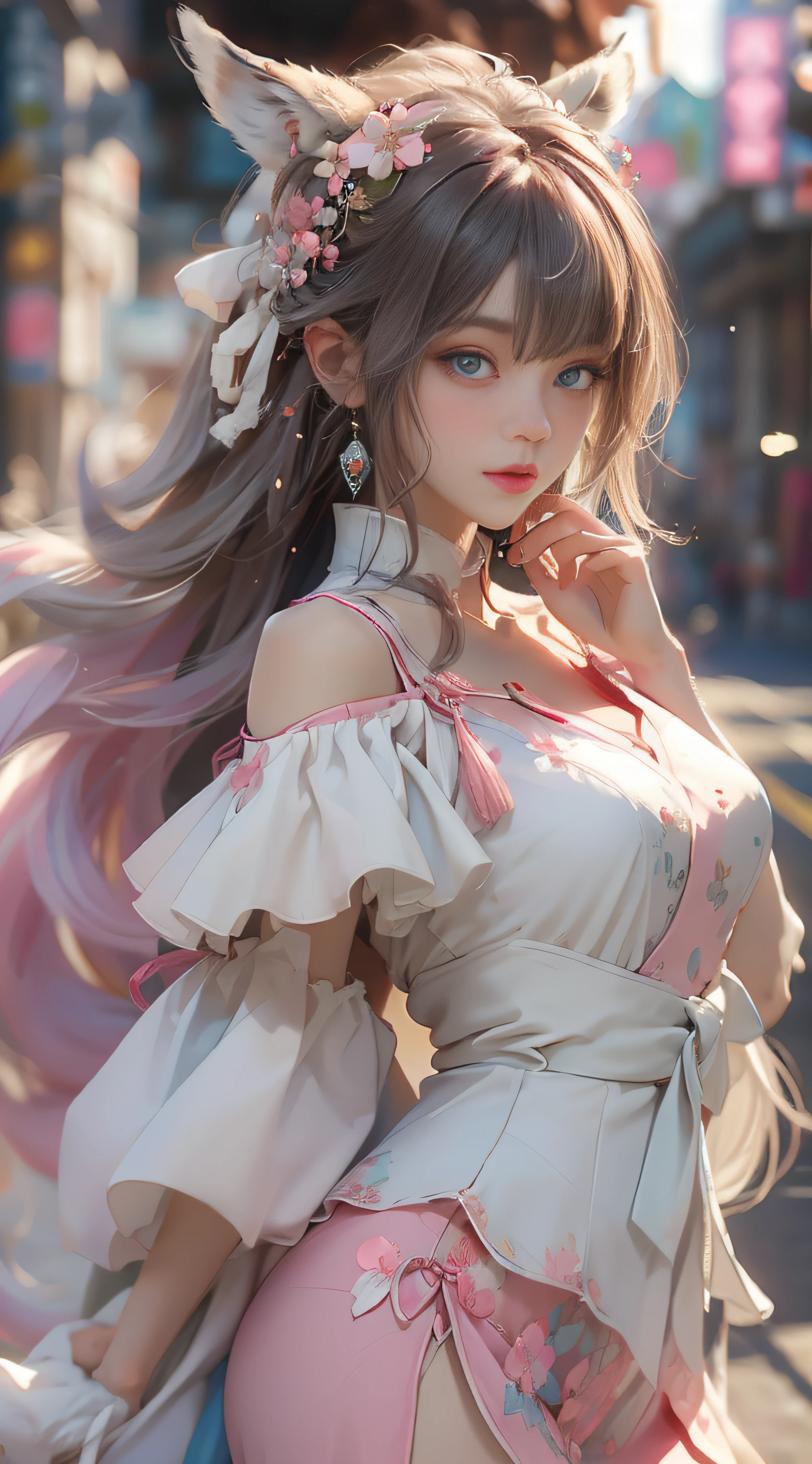 ((best qualtiy)), ((tmasterpiece)), (detail:1.4), Beautiful cyberpunk female images,hdr(HighDynamicRange),Ray traching,NVIDIA RTX,Hyper-Resolution,illusory 5,sub surface scattering,PBR textures,post-proces,Anisotropy Filtering,depth of fields,maximum definition and sharpness,Many-Layer Textures,Albedo e mapas Speculares,Surface coloring,Mitsu-Accurate simulation of material interactions,perfectly proportioned,rendering by octane,Two-colored light,largeaperture,Low ISO,White balance,Rule three points、8K raw data、Beautiful bright blue pupils,off-the-shoulder clothes,Fine pupils,Delicate face and eyes,long eyelasher,Blushlush,Delicate and fluffy hair,pink lip,Pure,Cute face,Sweet girl,Artistic sense,Casual wear,Advancedsense,butterflys,Cherry blossom petal,Beautiful hair accessories,Long hair and waist,Hair fluttering in the wind,Snow-white fox ears,curlies,Snow-white fluffy tail,Positive light,The light from the back window is backlighted