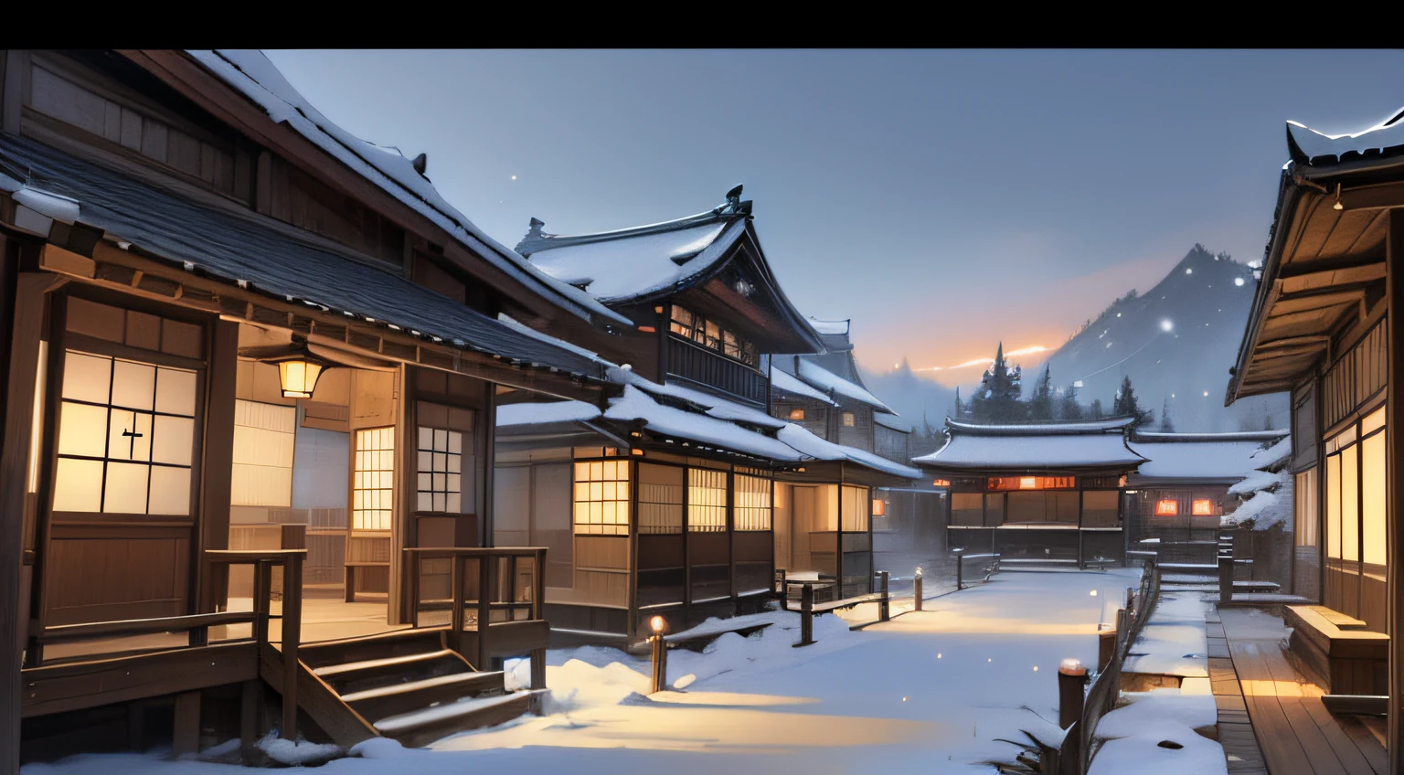 A photo taken from a computer screen in a Japanese village, Beautiful rendering of the Tang Dynasty, traditional japanese concept art, akihiko yoshida. illusory engine, beautiful anime scenes, japanese town, inspired by Kanō Hōgai, Beautiful digital artwork, 8K high quality detailed art, Beautiful wallpaper, Moonlight snow, Anime background art, digital painting of a pagoda
